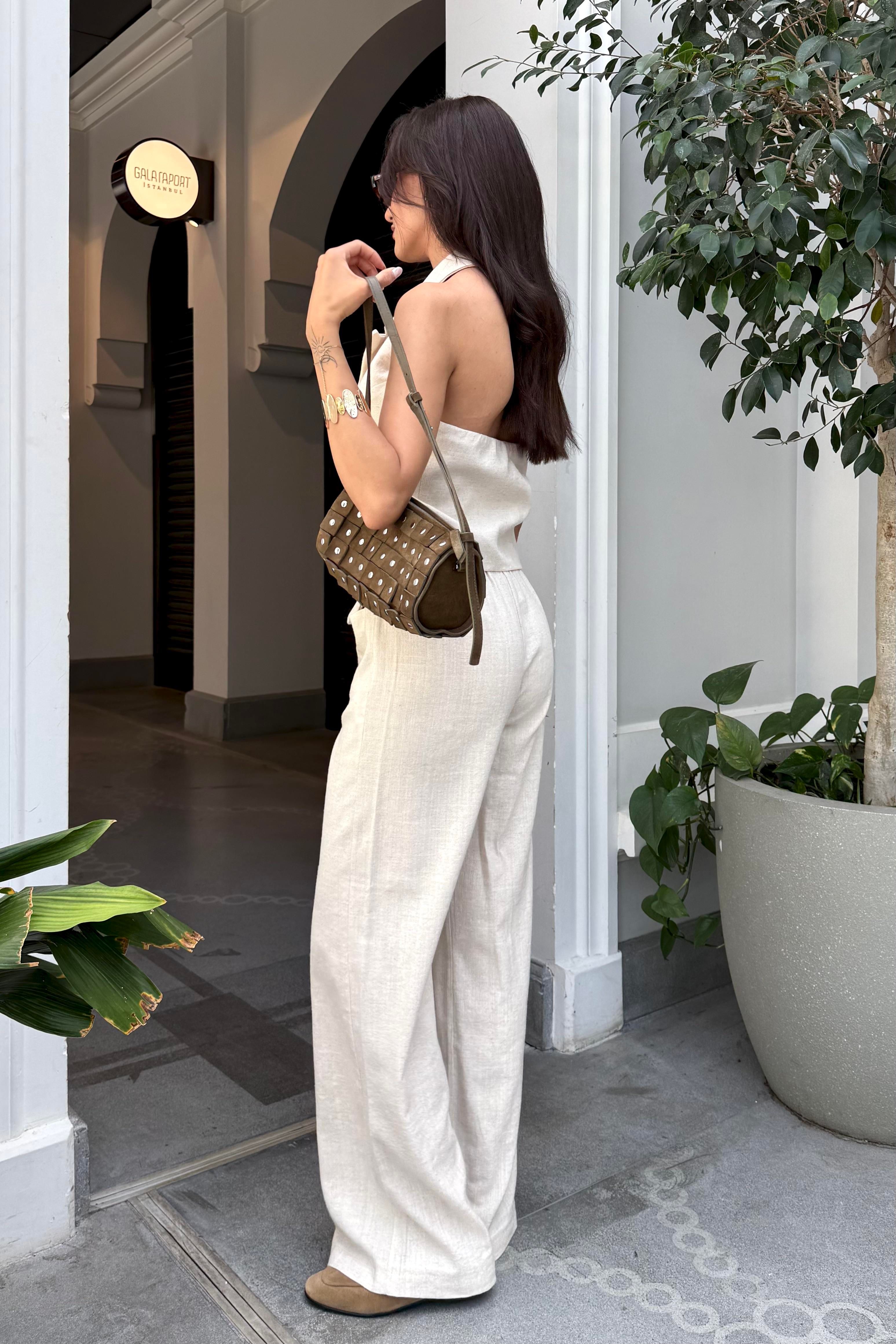 Ekru Sırt Dekolte Keten Takım - Kadın Takım Modelleri - Nazliye Moda | Kadın Giyim Modası