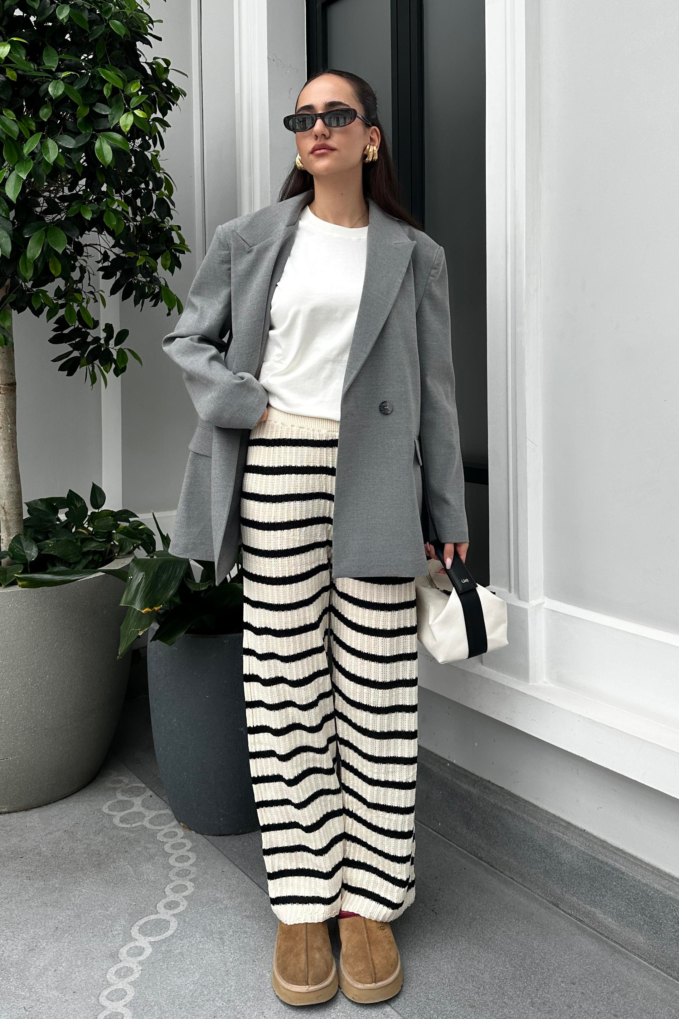 Ekru Siyah Çizgili Triko Pantolon - Kadın Trousers Modelleri - Nazliye Moda - Kadın Giyim Modası