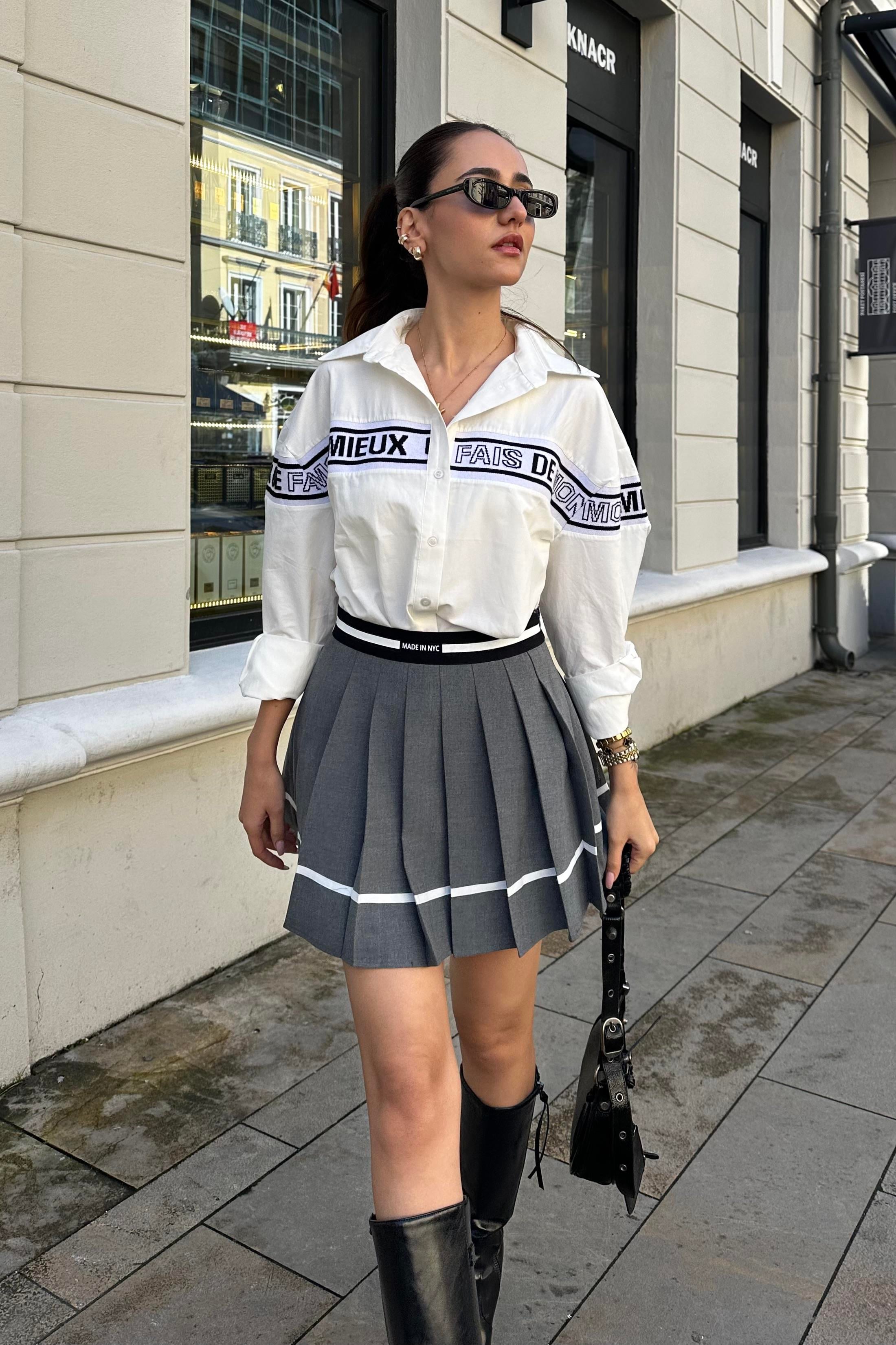 Füme Beli Lastikli Pileli Şortlu Etek - Kadın Skirts Modelleri - Nazliye Moda - Kadın Giyim Modası