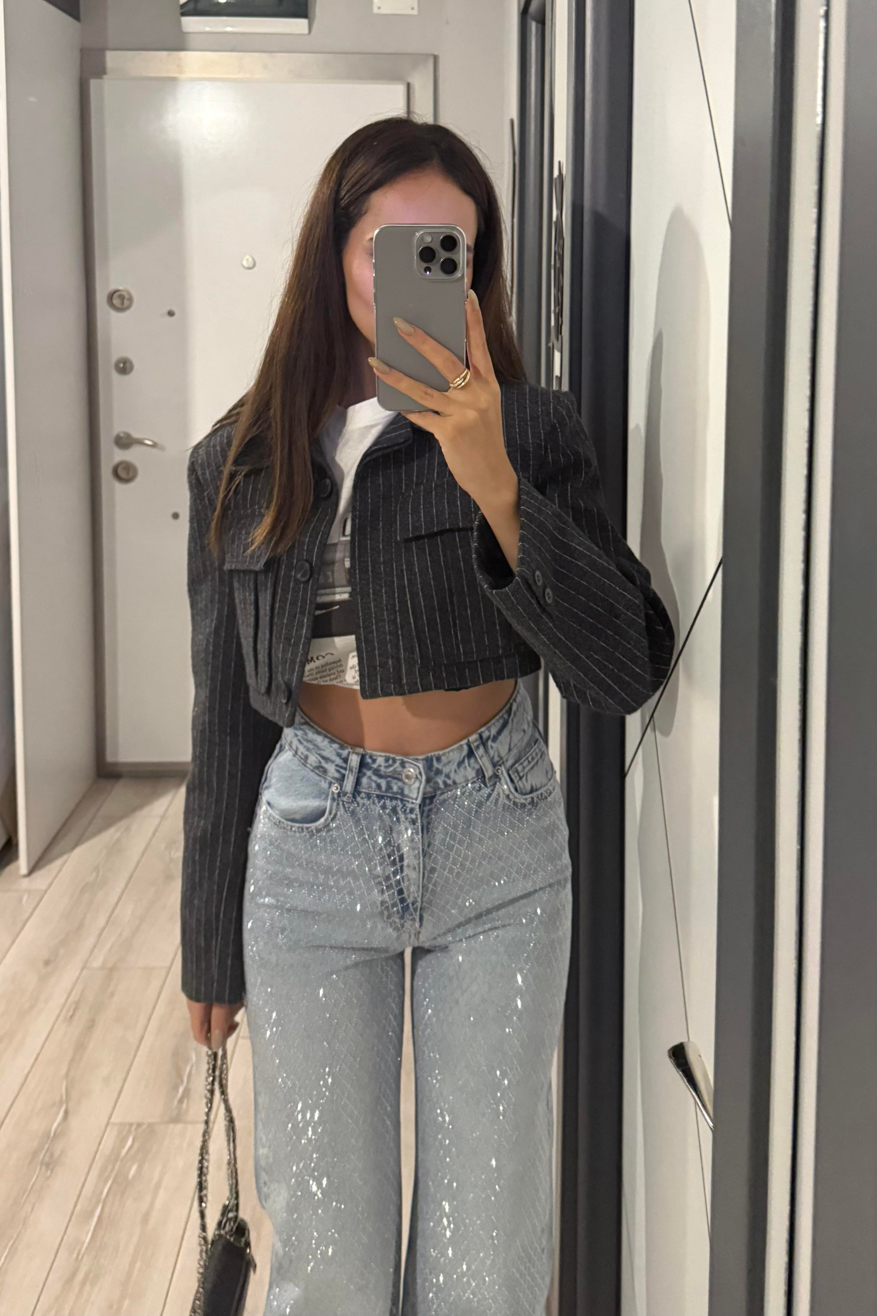 Füme Çizgili Crop Ceket - Kadın Jackets Modelleri - Nazliye Moda | Kadın Giyim Modası