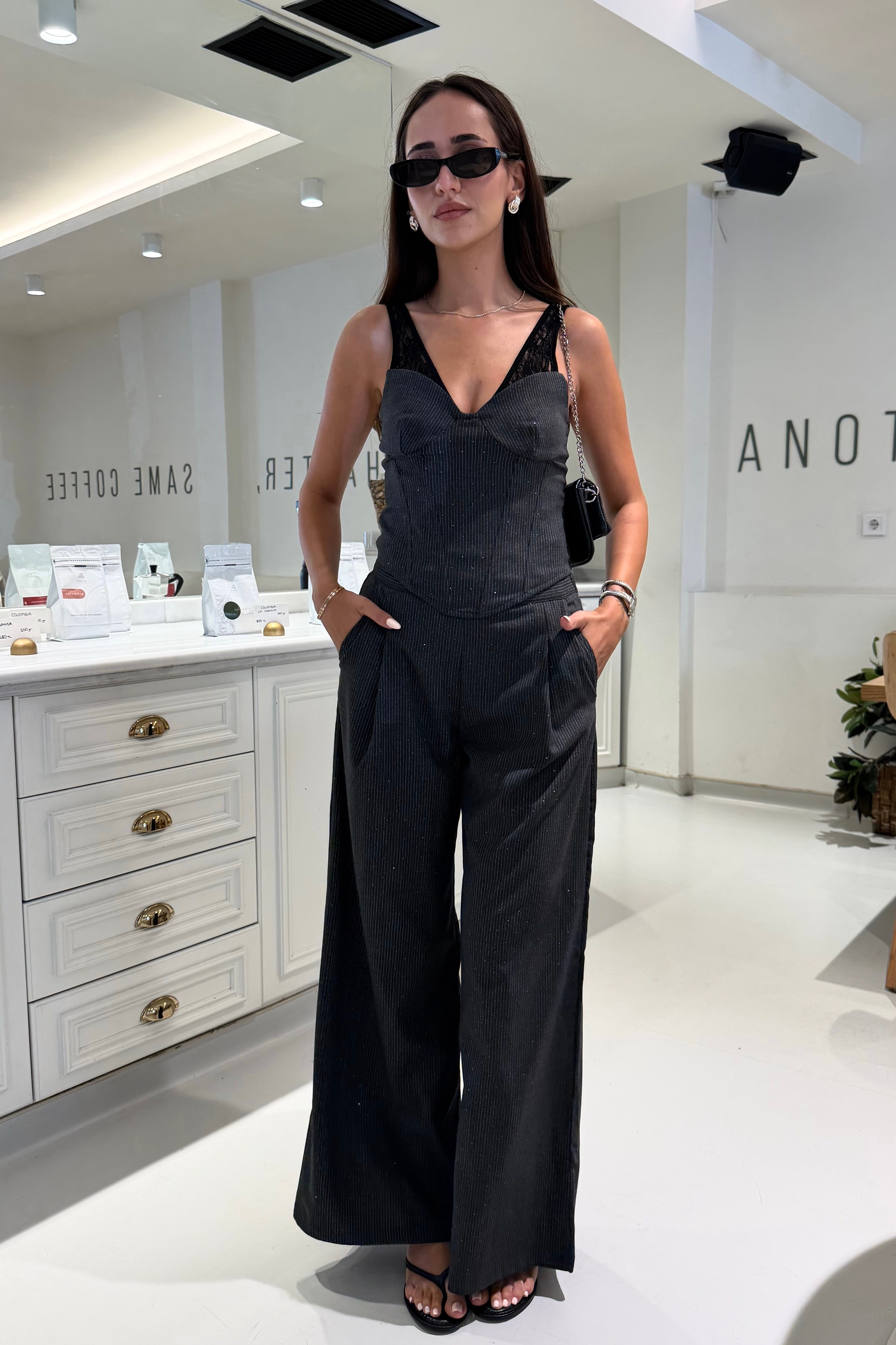 Füme Çizgili Taşlı Pantolon - Kadın Takım Modelleri - Nazliye Moda | Kadın Giyim Modası