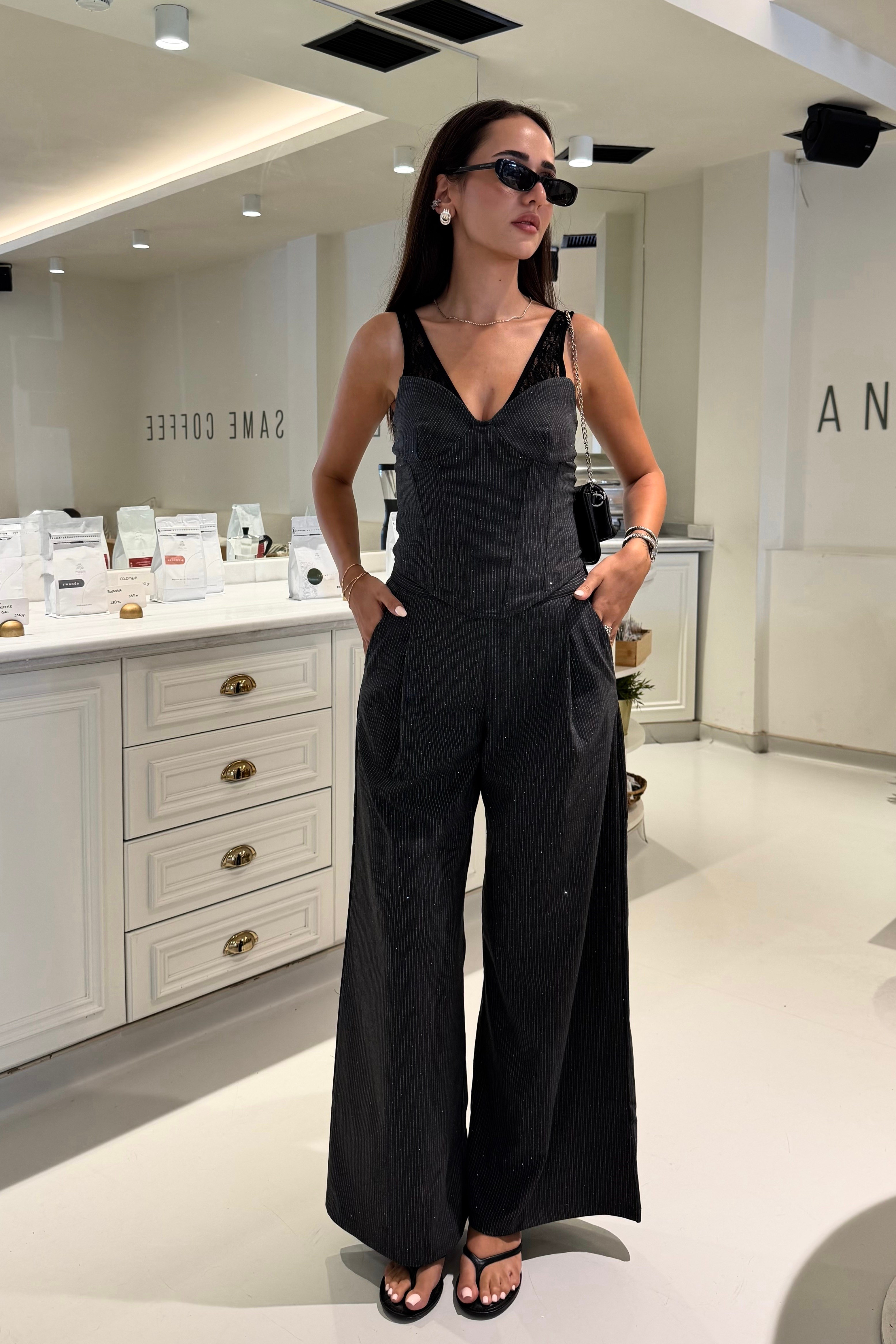 Füme Çizgili Taşlı Pantolon - Kadın Takım Modelleri - Nazliye Moda | Kadın Giyim Modası