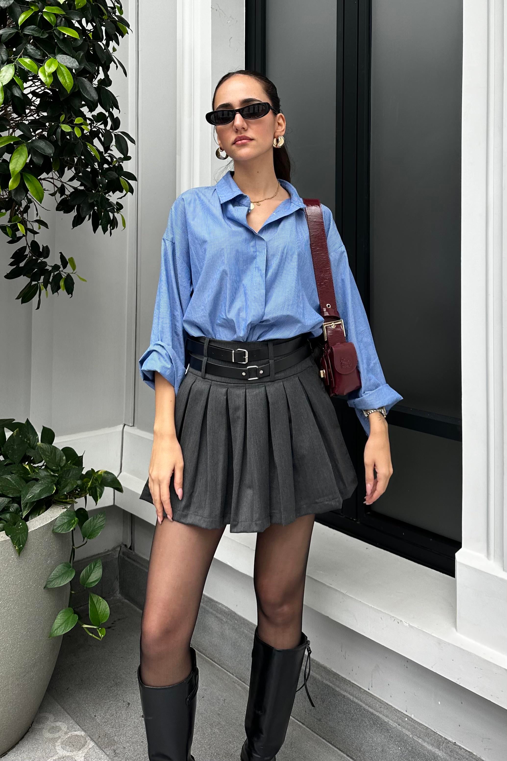 Füme Pileli Mini Etek - Kadın Etek Modelleri - Nazliye Moda - Kadın Giyim Modası