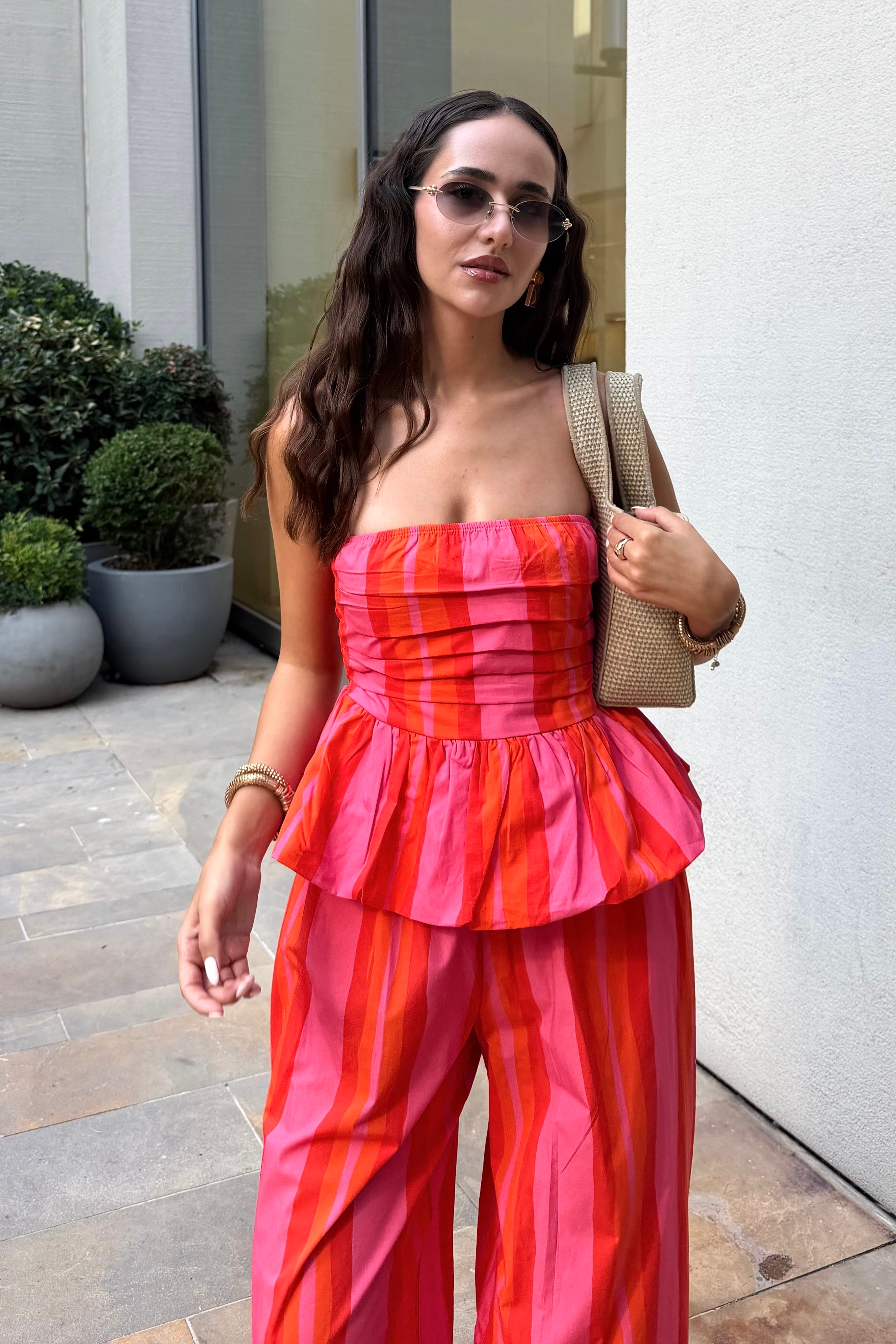 Fuşya Turuncu Çizgili Straplez Takım - Kadın Takım Modelleri - Nazliye Moda | Kadın Giyim Modası