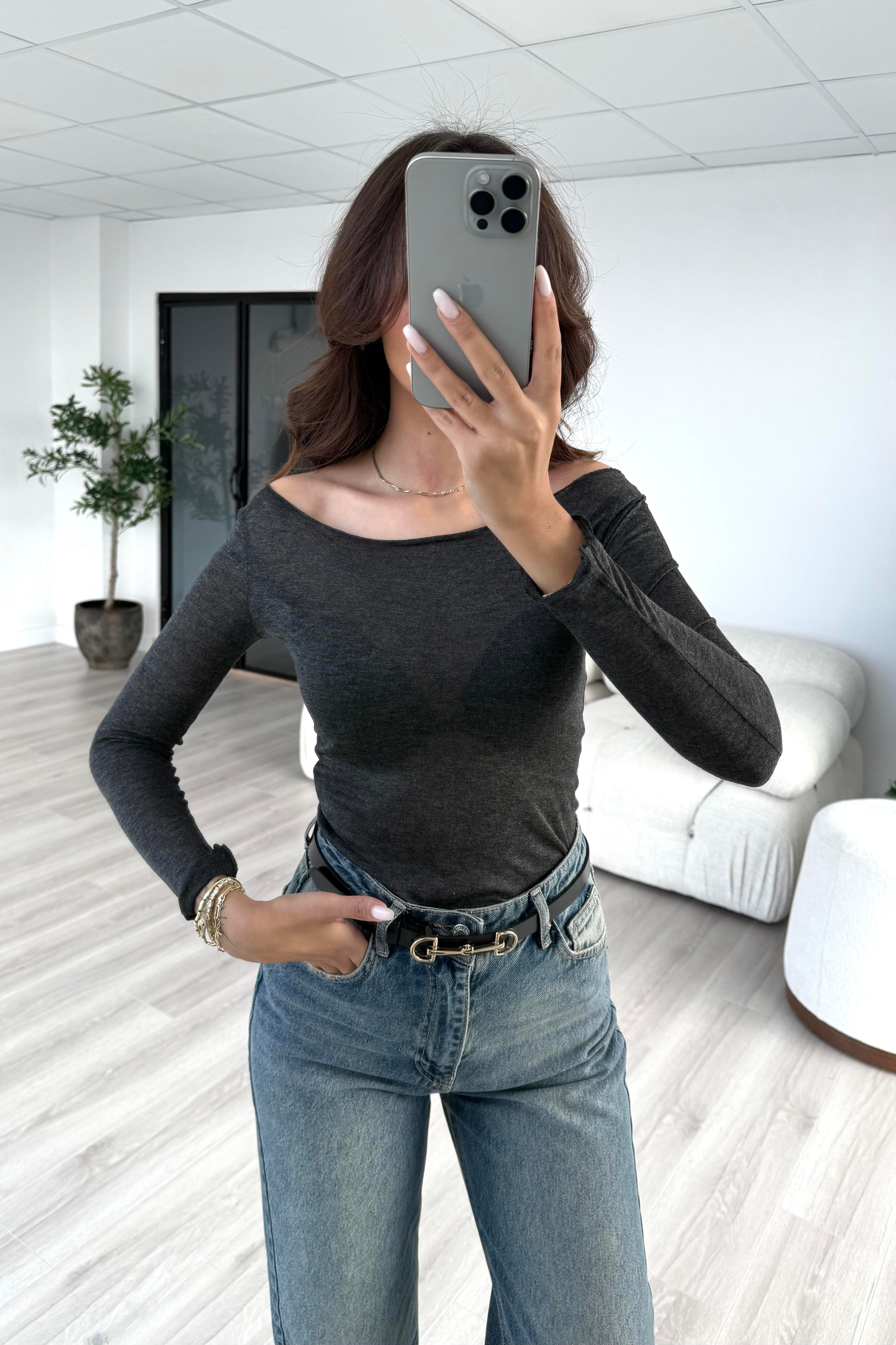Gri Dekolte Basic Bluz - Kadın Blouses Modelleri - Nazliye Moda | Kadın Giyim Modası