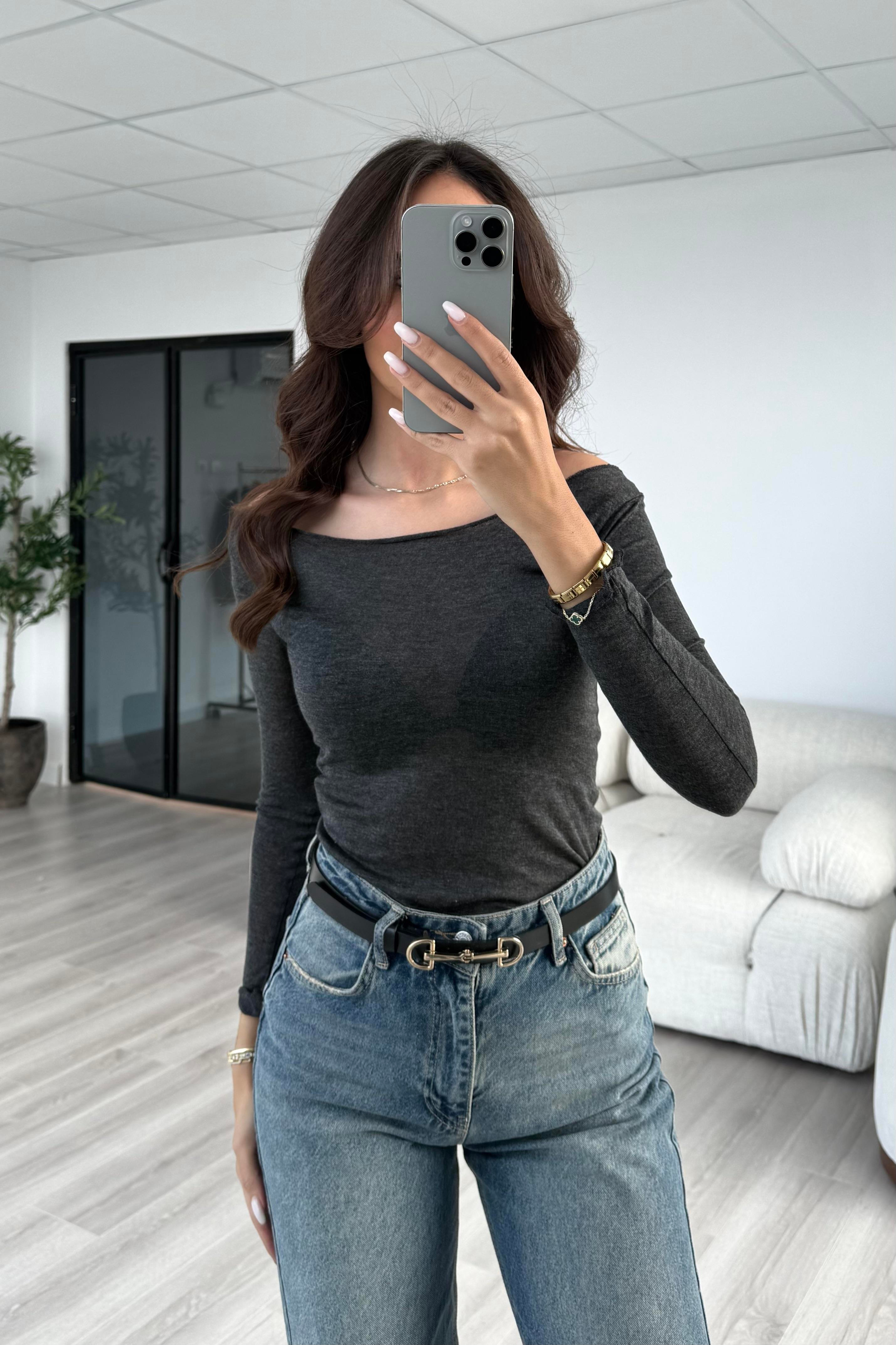 Gri Dekolte Basic Bluz - Kadın Blouses Modelleri - Nazliye Moda | Kadın Giyim Modası