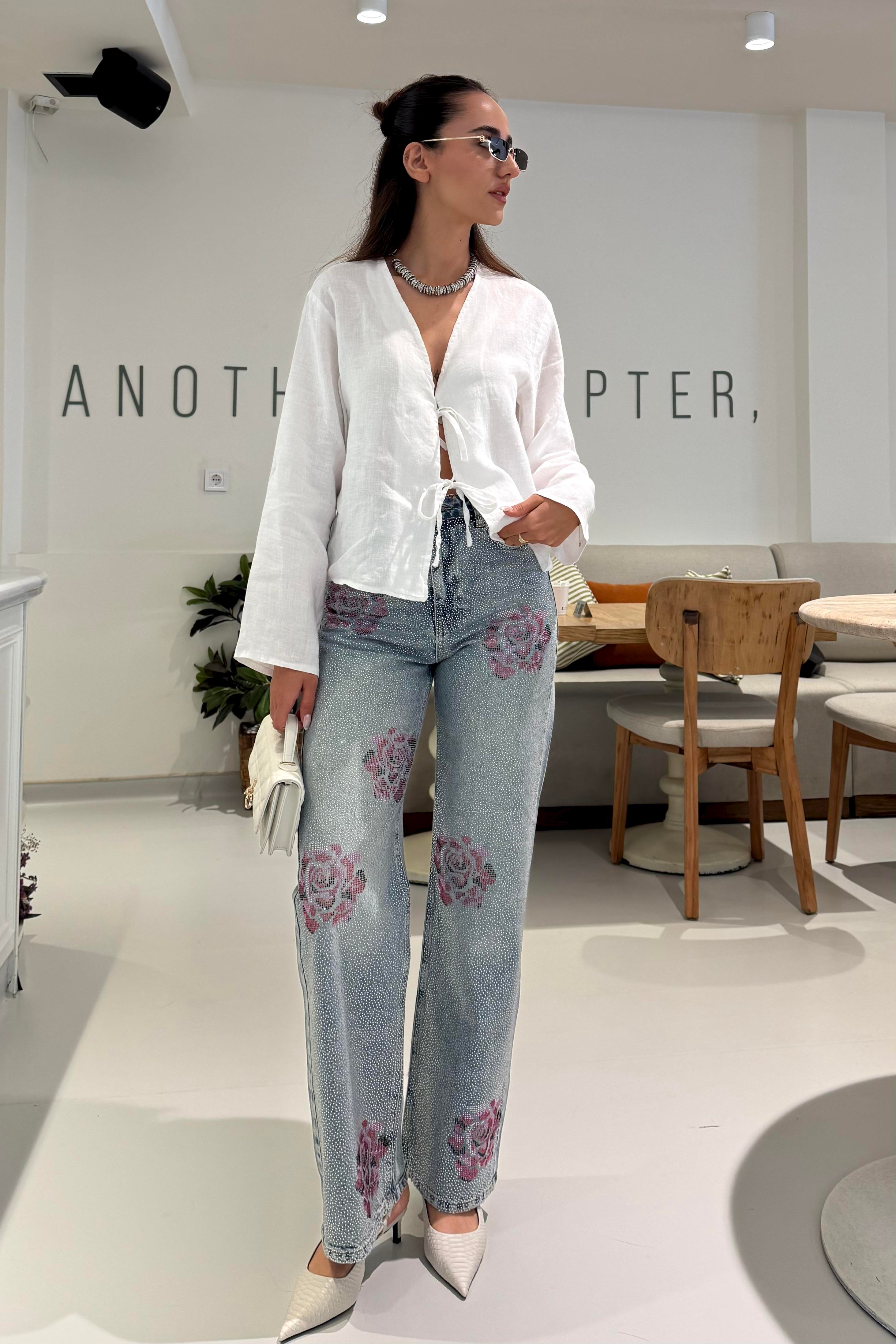 Gül Detay Taşlı Premium Jean - Kadın Jean Modelleri - Nazliye Moda | Kadın Giyim Modası