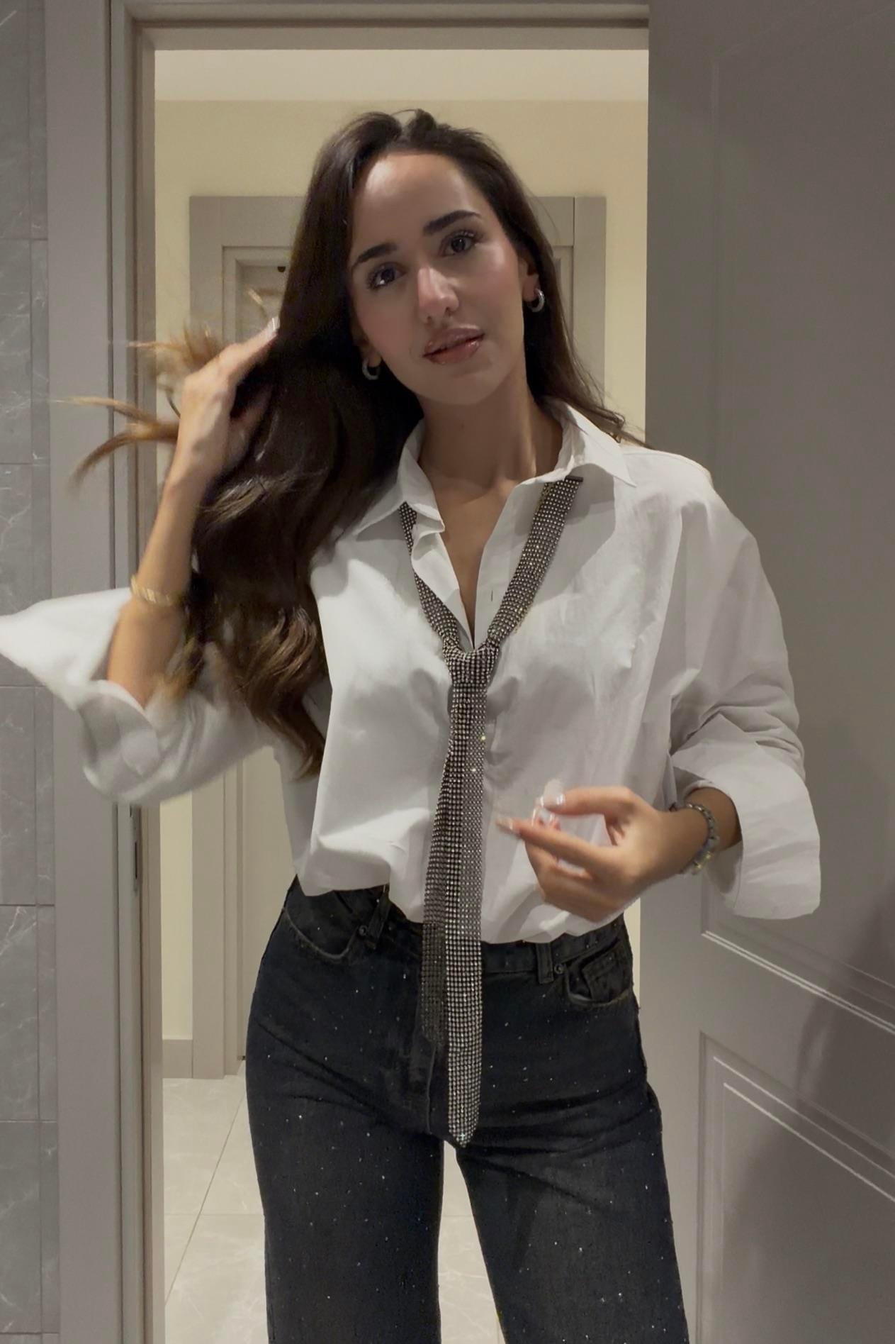 Gümüş Rengi Taşlı Kravat - Kadın Elbise Modelleri - Nazliye Moda | Kadın Giyim Modası