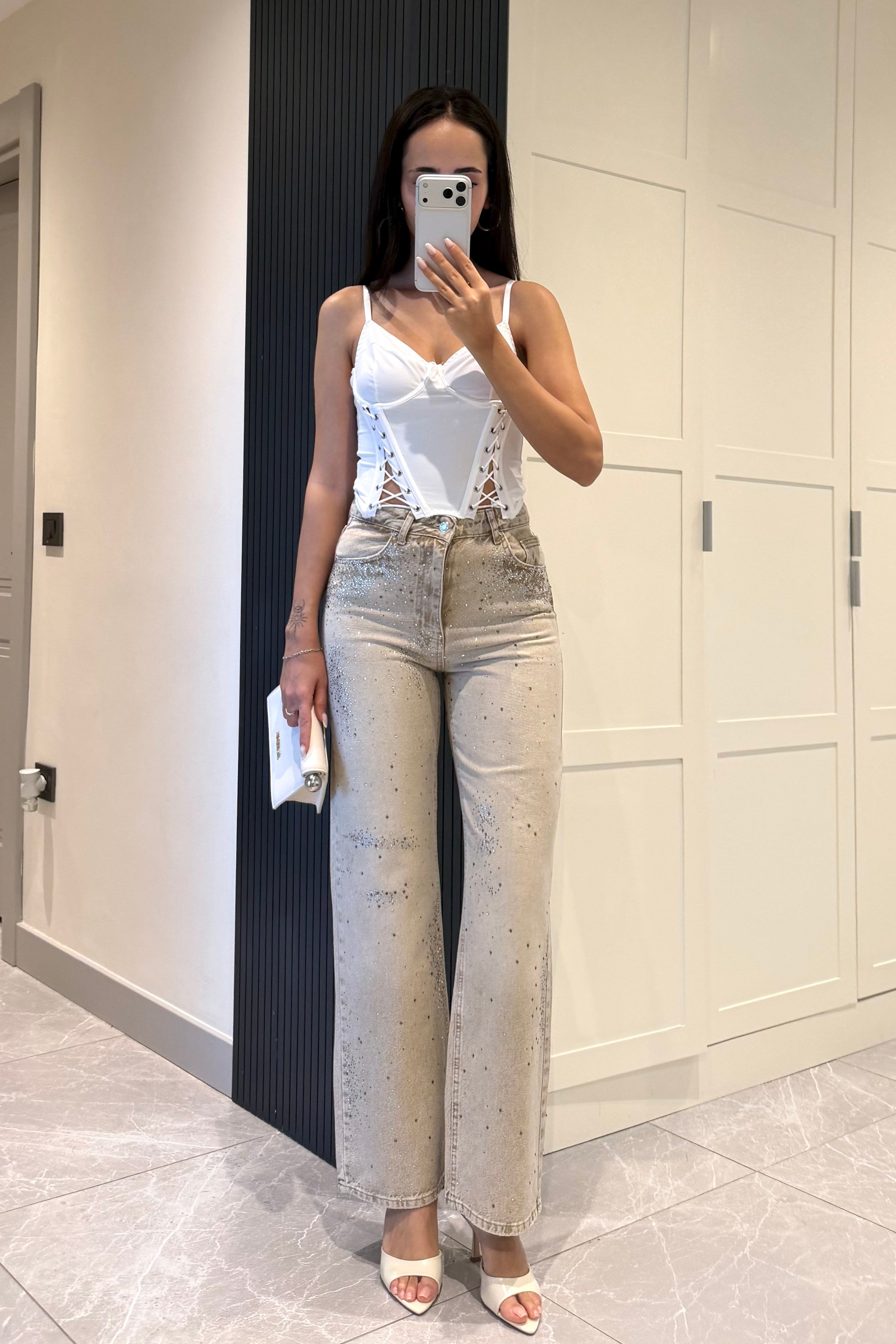 Haki Dağınık Taşlı Tasarım Jean - Kadın Jean Modelleri - Nazliye Moda | Kadın Giyim Modası