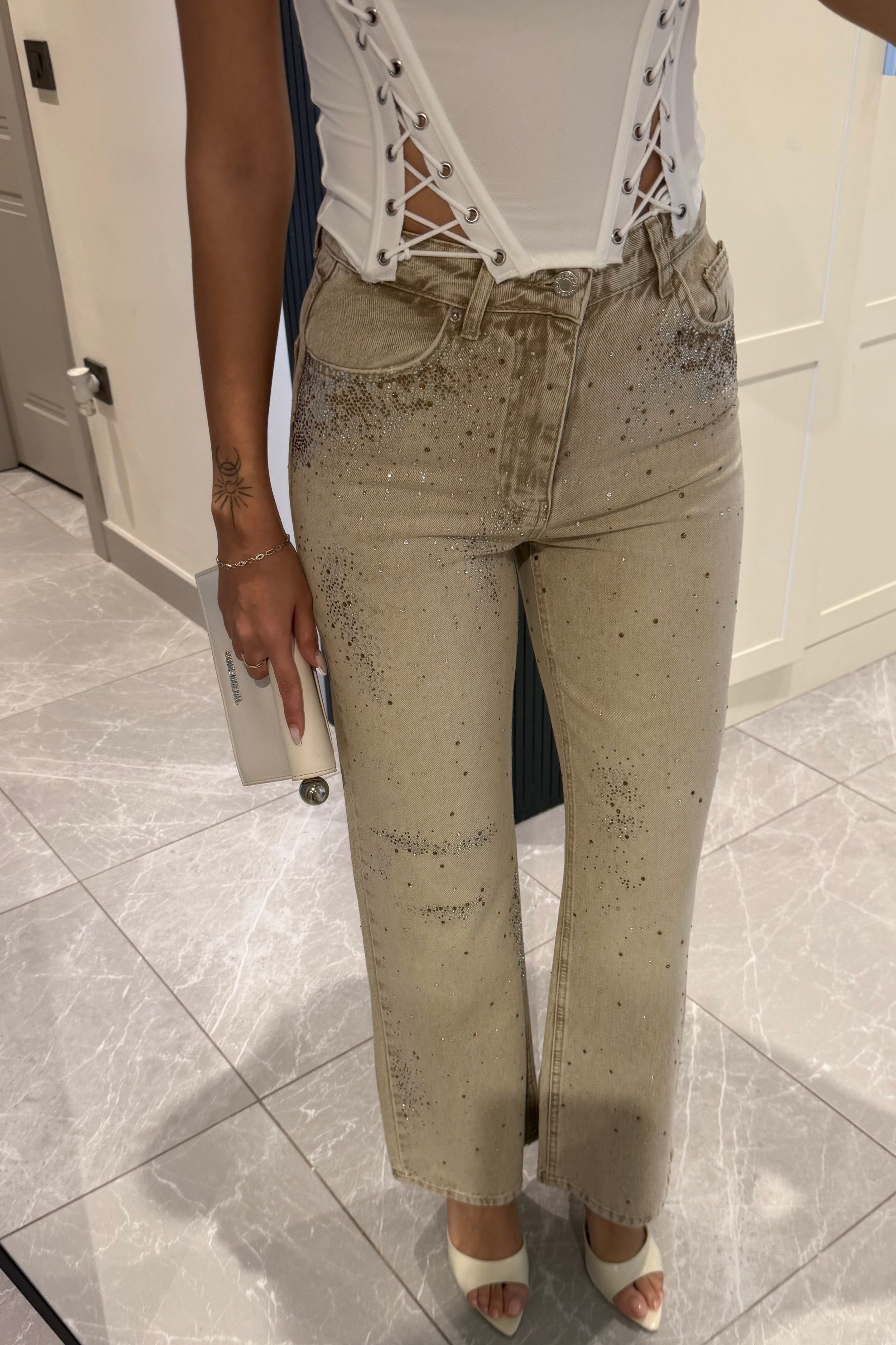 Haki Dağınık Taşlı Tasarım Jean - Kadın Jean Modelleri - Nazliye Moda | Kadın Giyim Modası