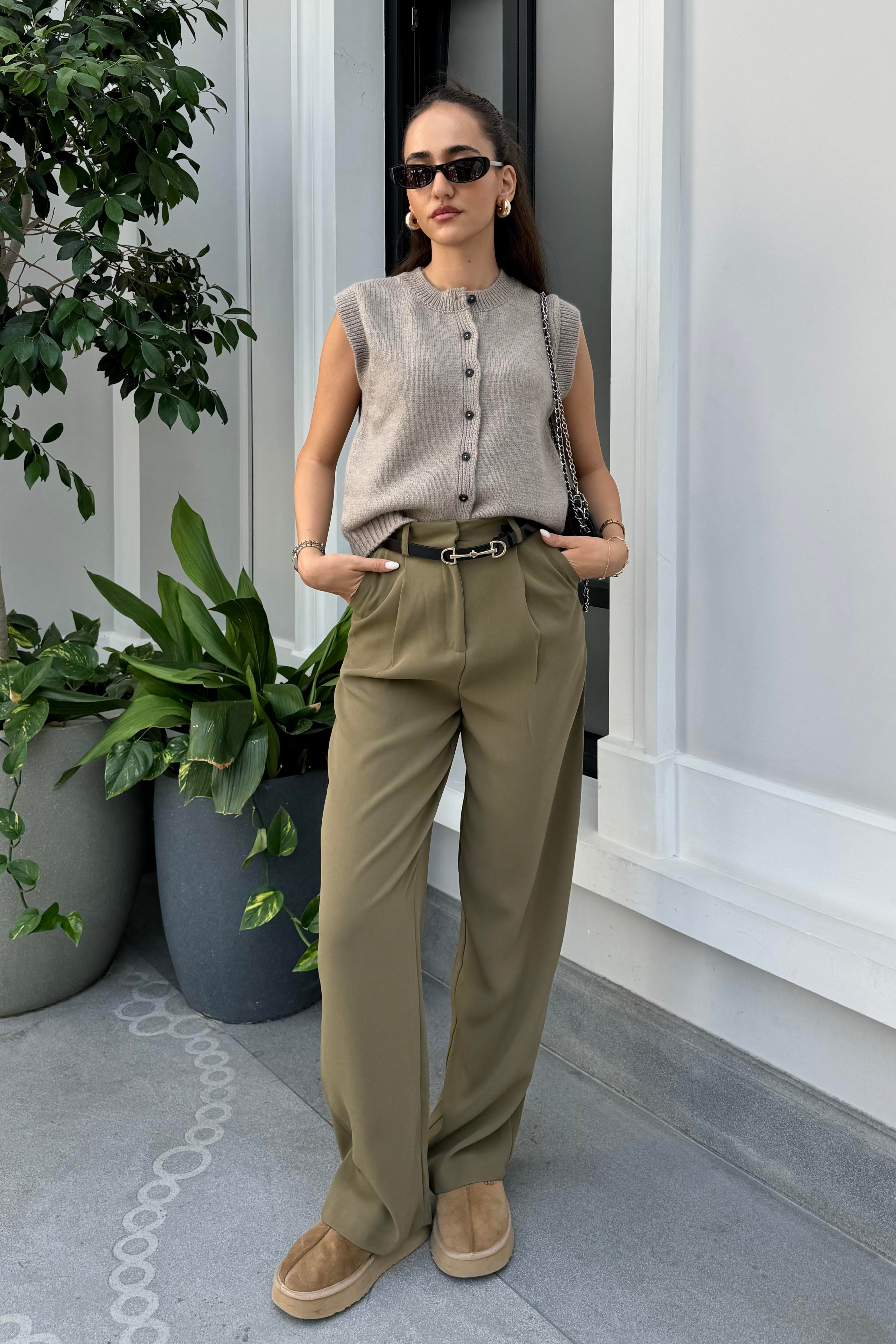 Haki Dökümlü Palazzo Pantolon - Kadın Trousers Modelleri - Nazliye Moda | Kadın Giyim Modası