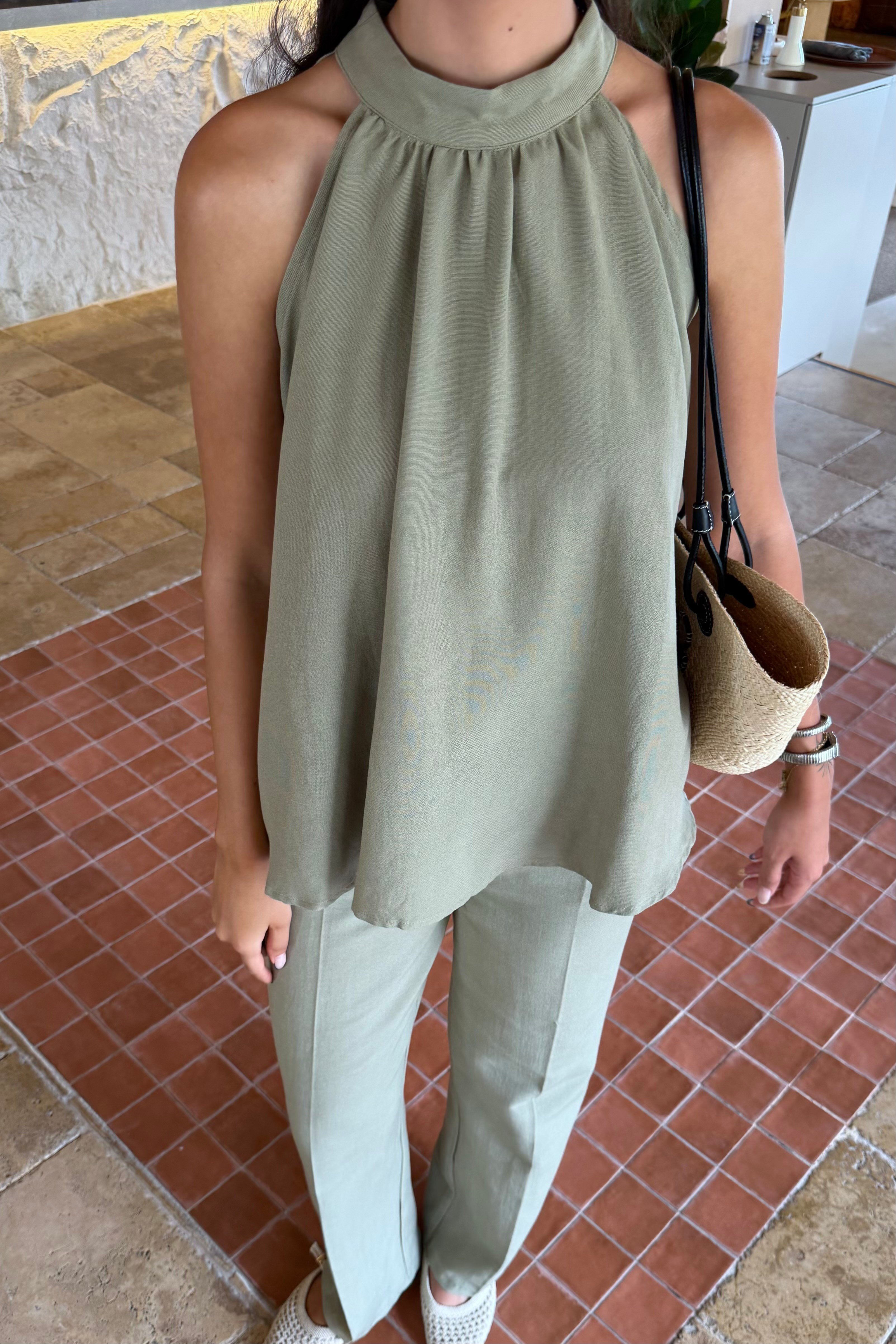 Haki Halter Bluz Keten Takım - Kadın Takım Modelleri - Nazliye Moda | Kadın Giyim Modası