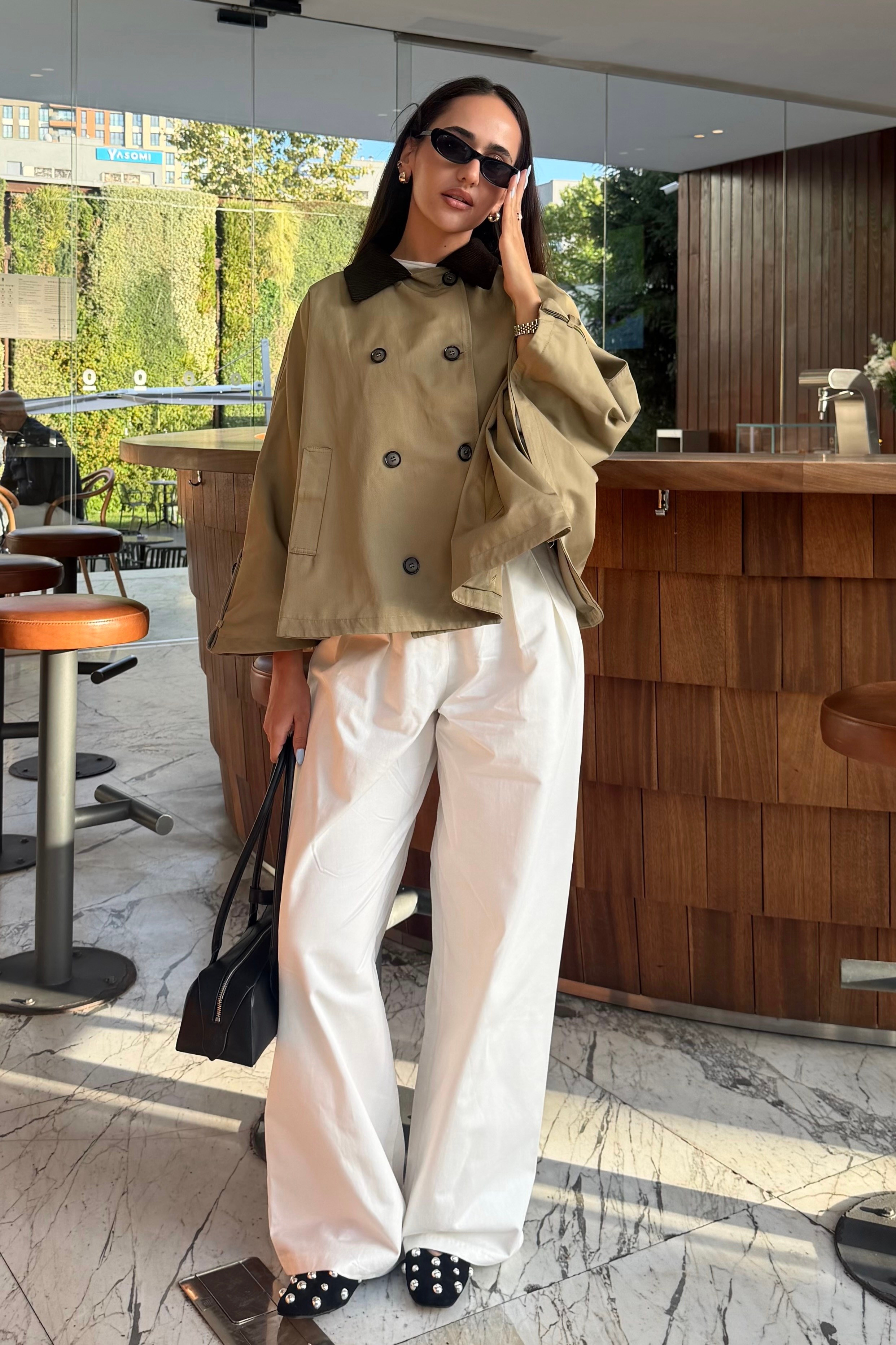 Haki Kadife Yaka Panço Trençkot - Kadın Trençkot Modelleri - Nazliye Moda | Kadın Giyim Modası