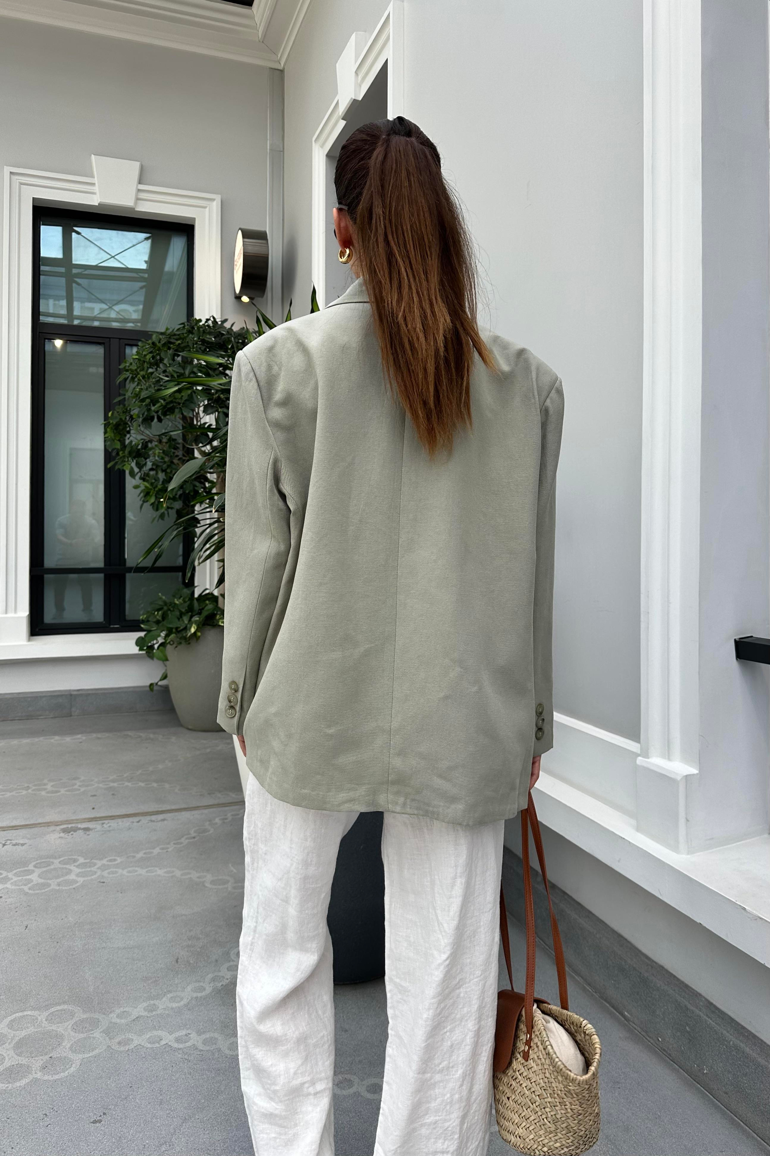 Haki Keten Oversize Blazer Ceket - Kadın Blazer Jackets Modelleri - Nazliye Moda - Kadın Giyim Modası