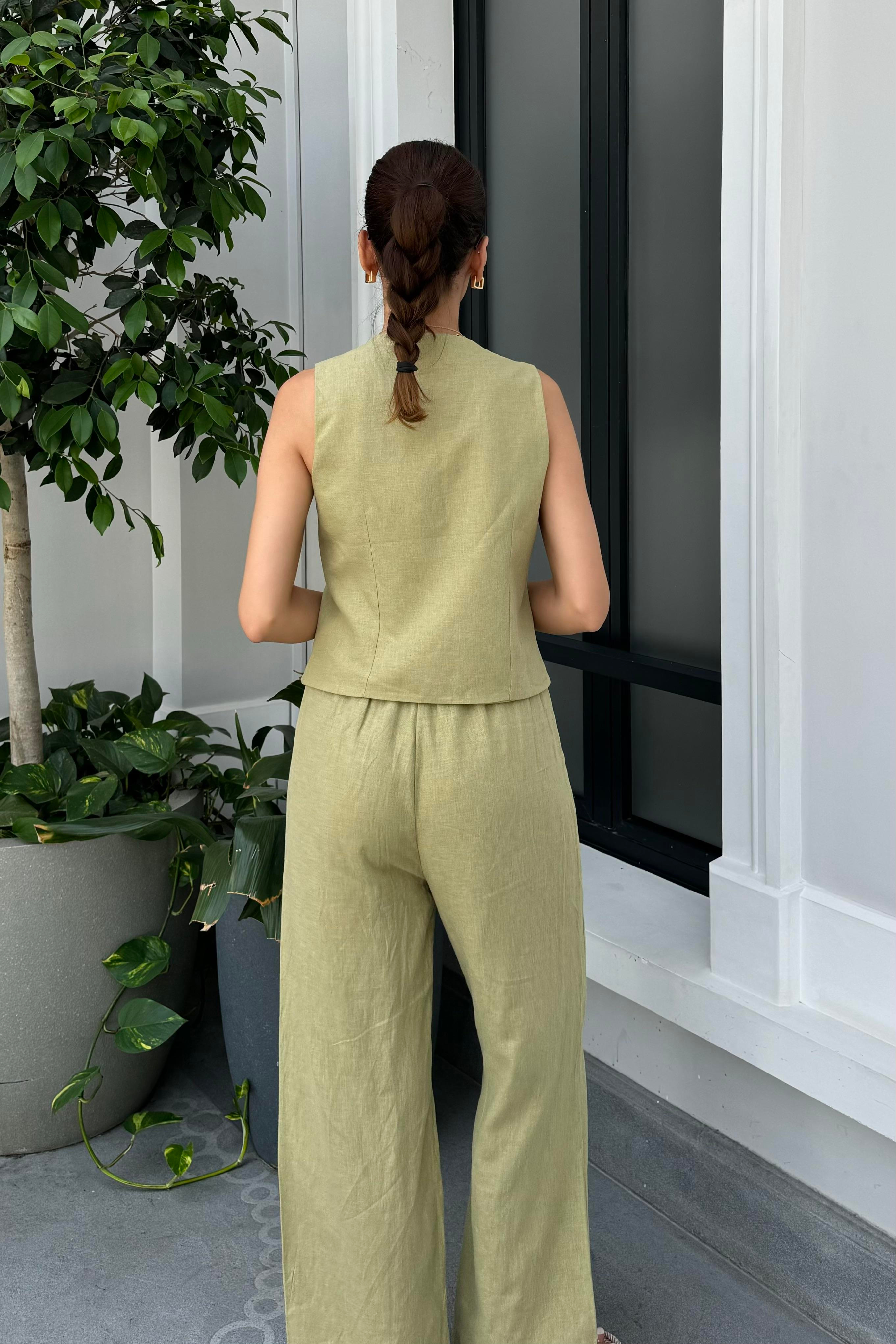 Haki Pantolon Yelek Keten Takım - Kadın Outfit Sets Modelleri - Nazliye Moda - Kadın Giyim Modası