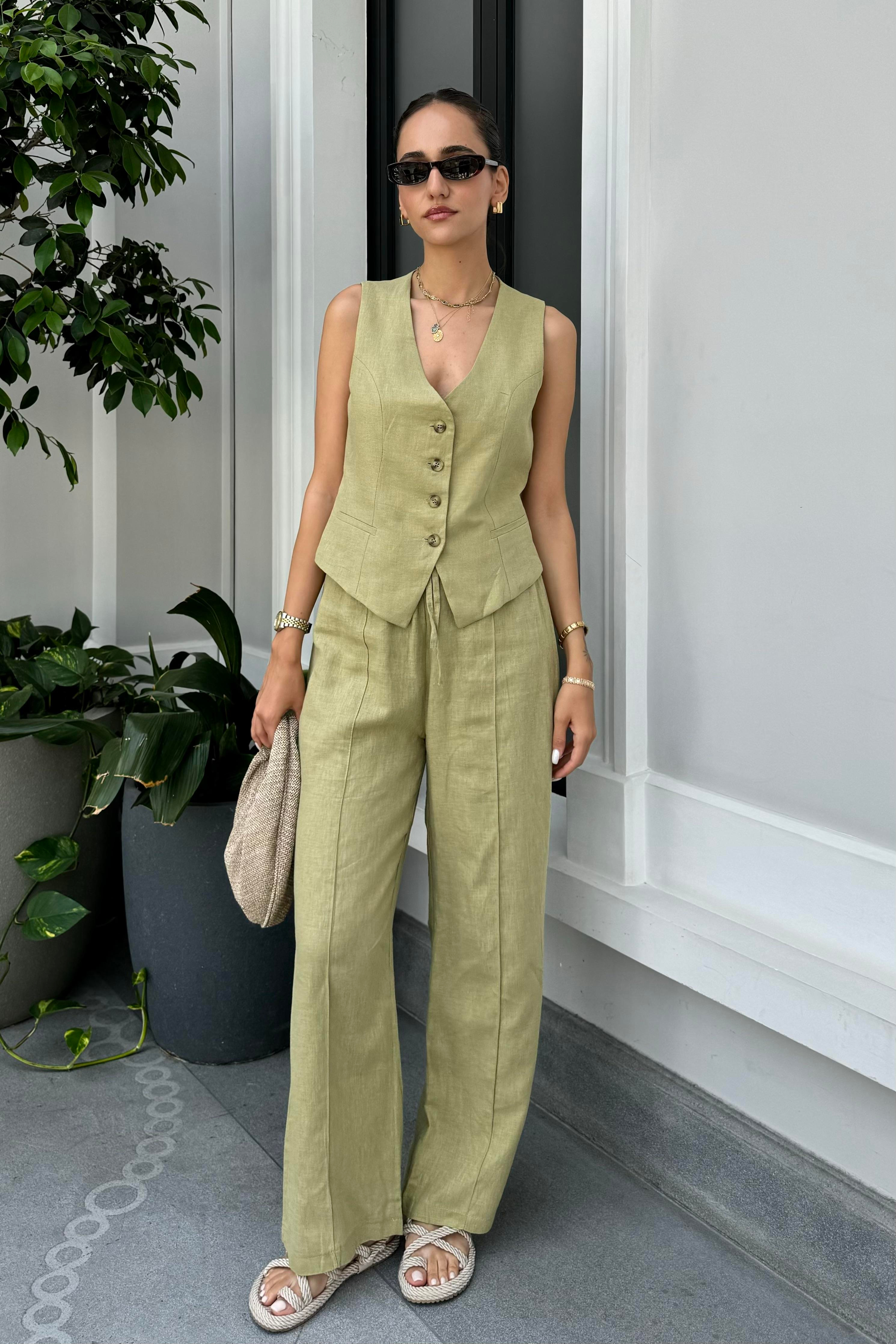 Haki Pantolon Yelek Keten Takım - Kadın Outfit Sets Modelleri - Nazliye Moda - Kadın Giyim Modası