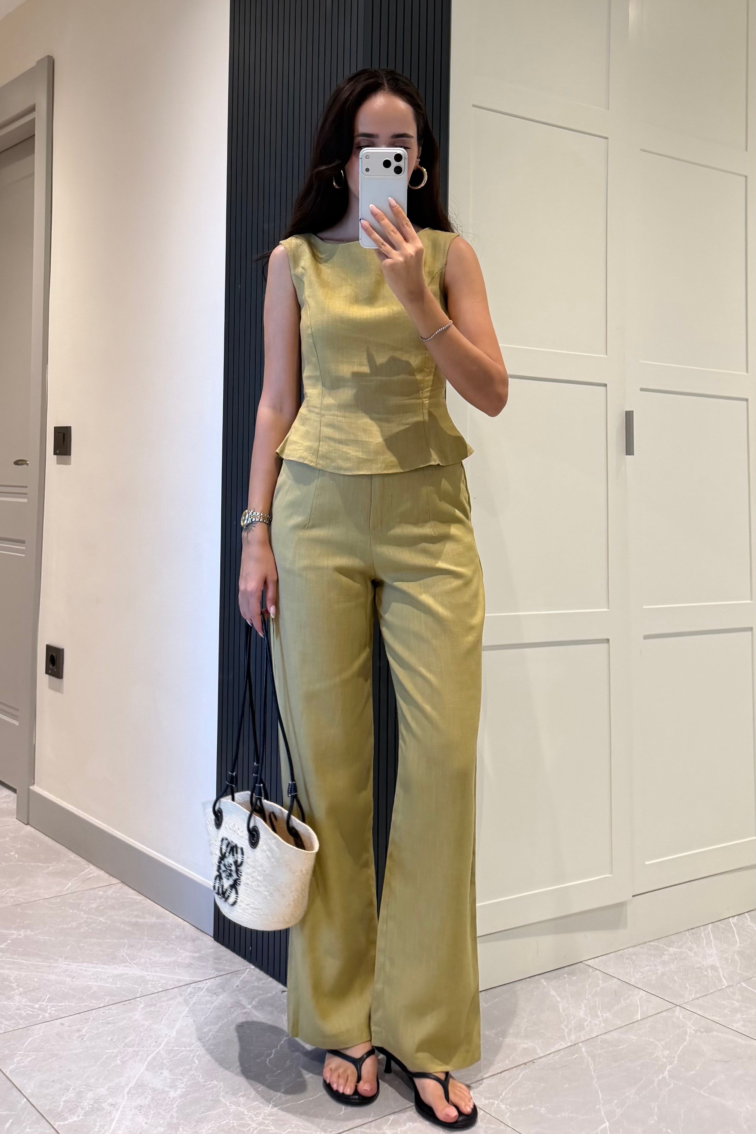Hardal Kolsuz Bluz Keten Takım - Kadın Takım Modelleri - Nazliye Moda | Kadın Giyim Modası