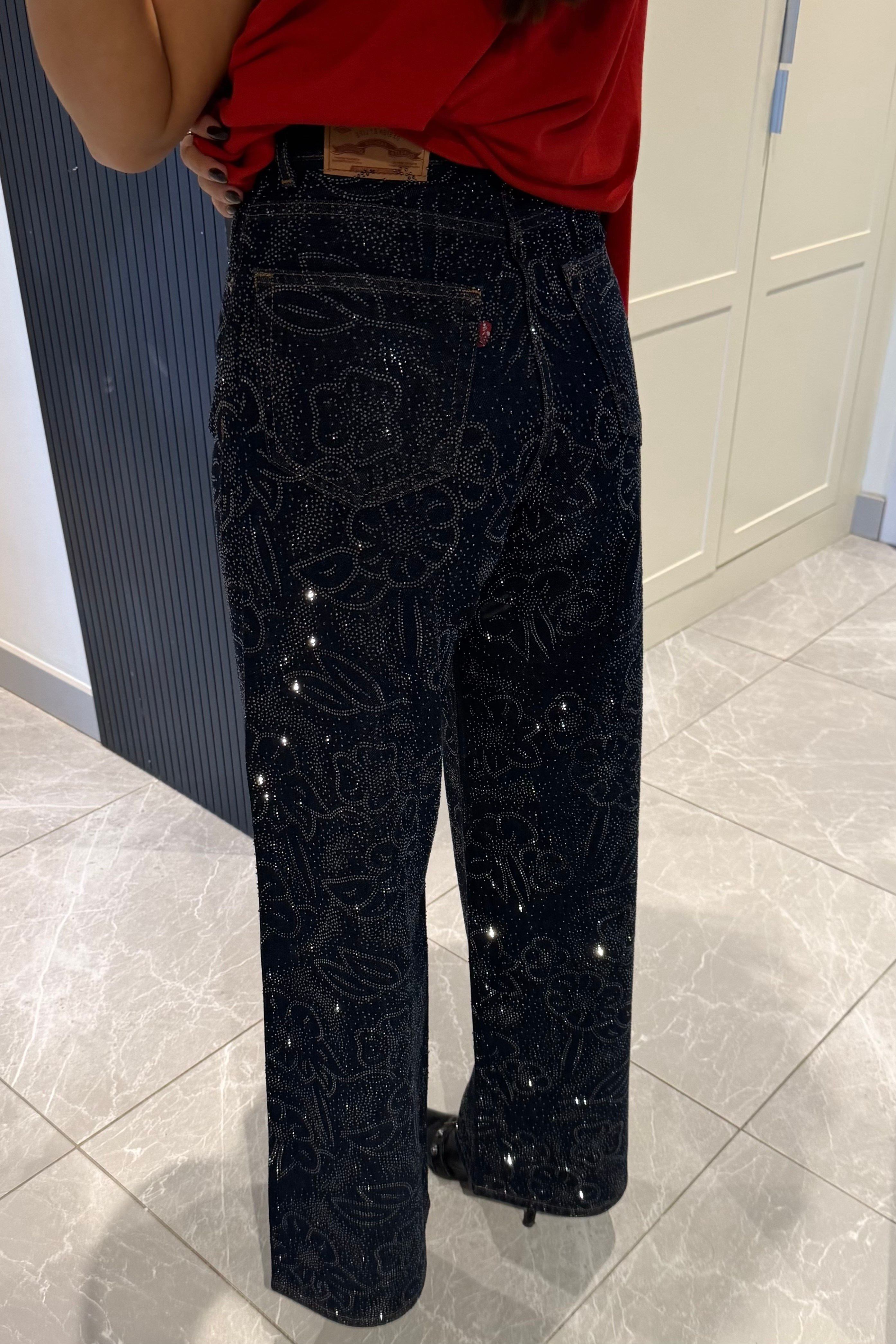İndigo Mavi Çiçek Motifli Ön Arka Taşlı Jean - Kadın Jean Modelleri - Nazliye Moda | Kadın Giyim Modası