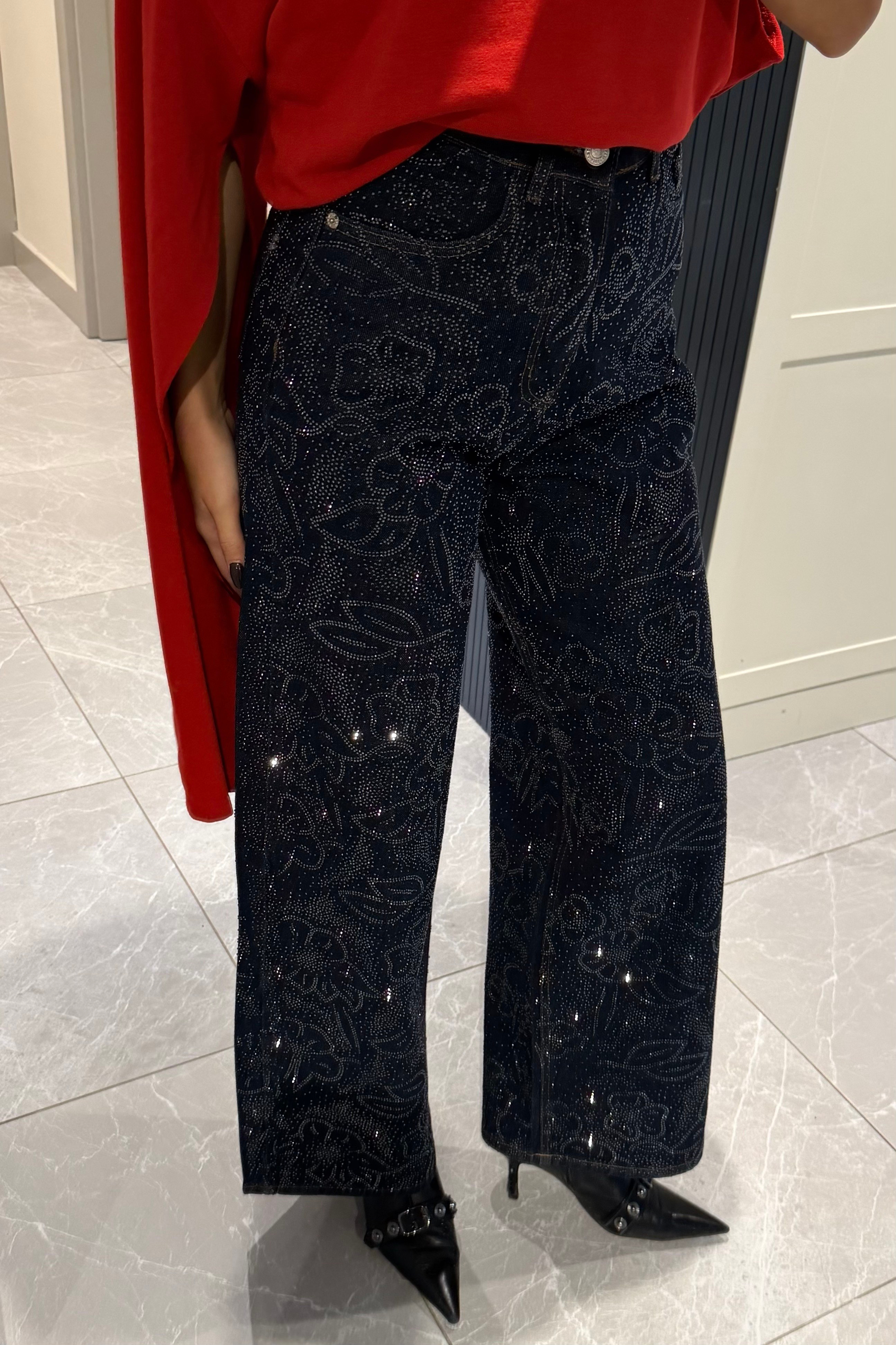 İndigo Mavi Çiçek Motifli Ön Arka Taşlı Jean - Kadın Jean Modelleri - Nazliye Moda | Kadın Giyim Modası