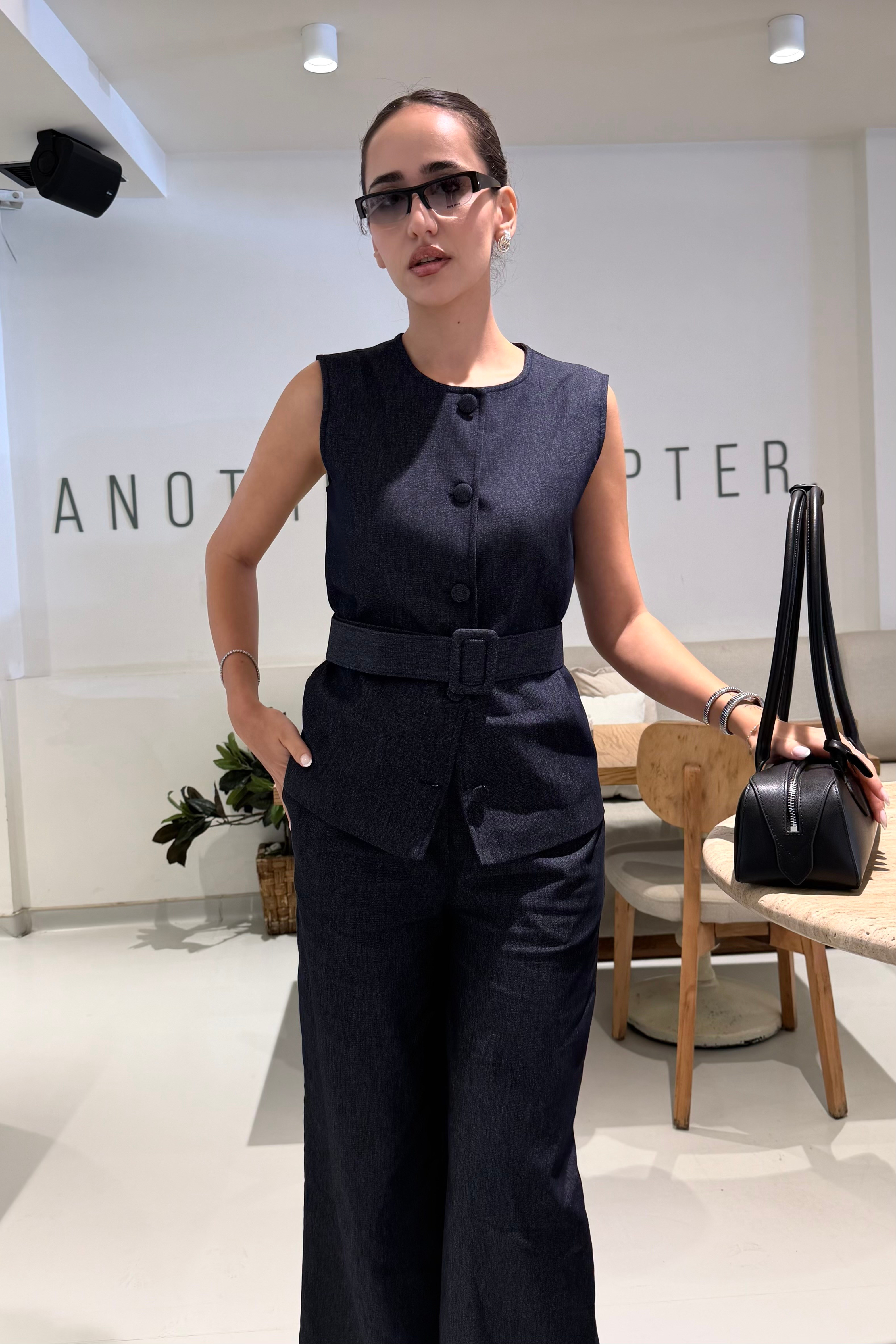 İndigo Mavi Kemerli Yelek Pantolon Takım - Kadın Takım Modelleri - Nazliye Moda | Kadın Giyim Modası