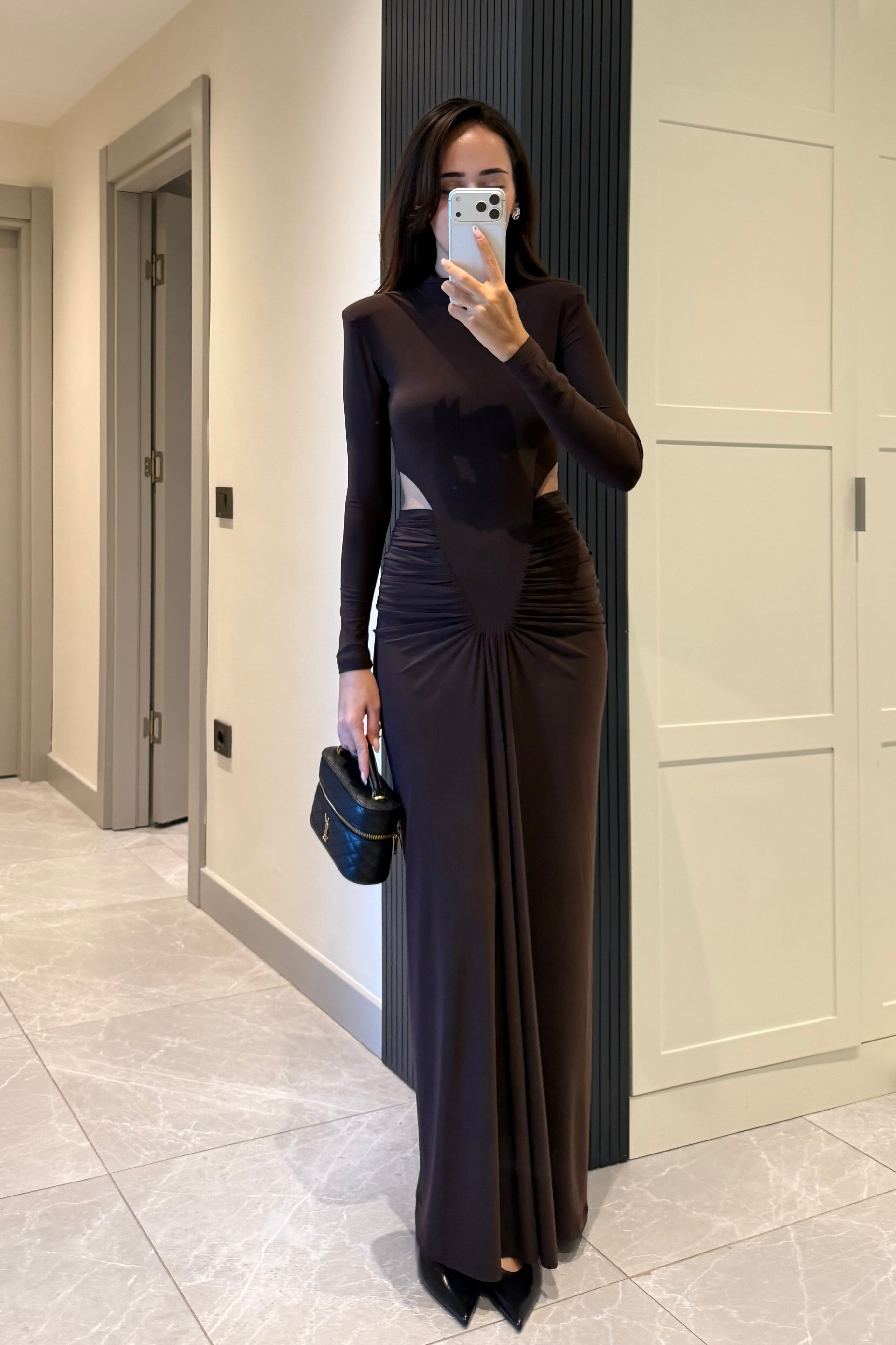 Kahve Bel Dekolteli Drape Uzun Elbise - Kadın Elbise Modelleri - Nazliye Moda | Kadın Giyim Modası
