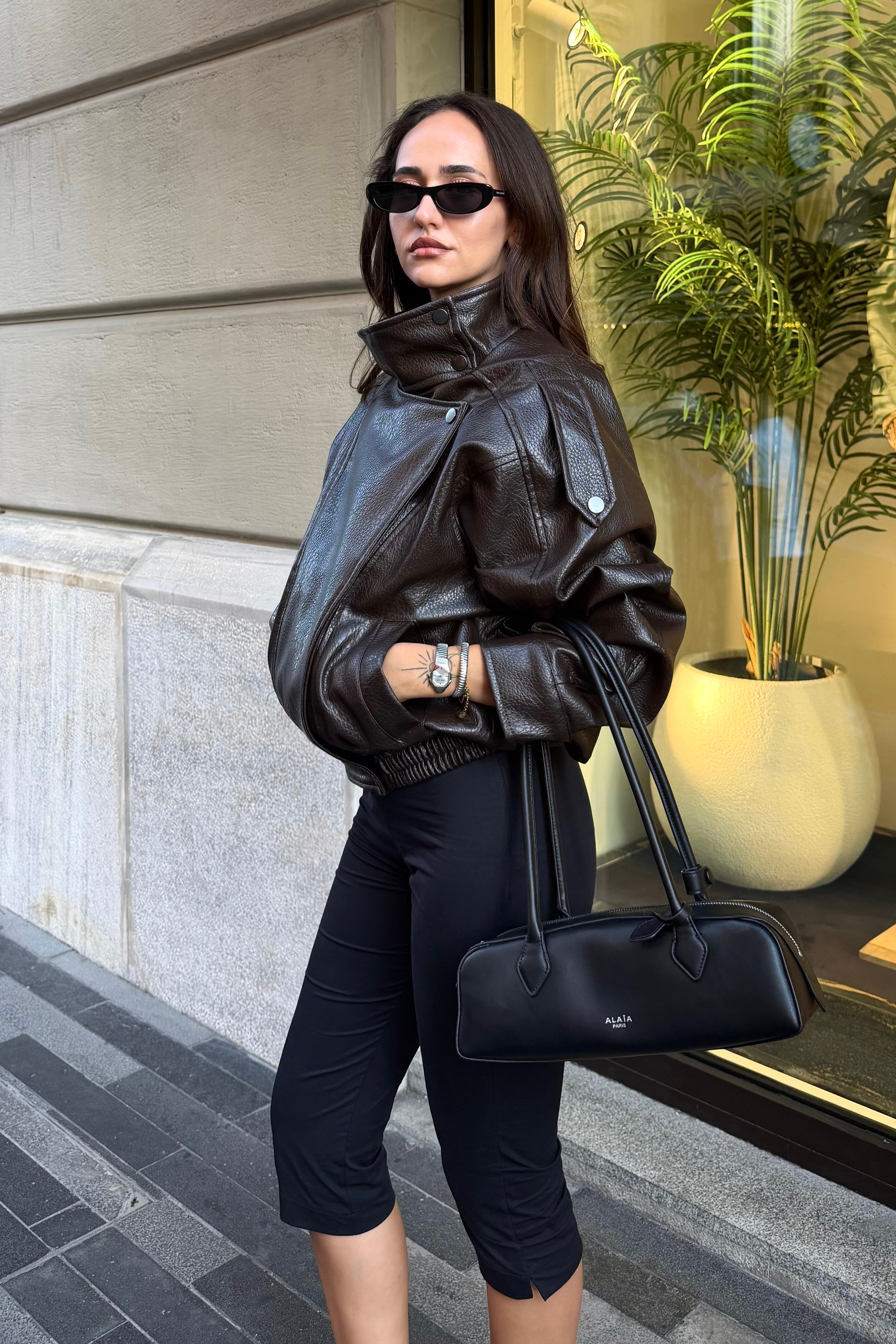 Kahve Dik Yaka Deri Ceket - Kadın Jackets Modelleri - Nazliye Moda | Kadın Giyim Modası