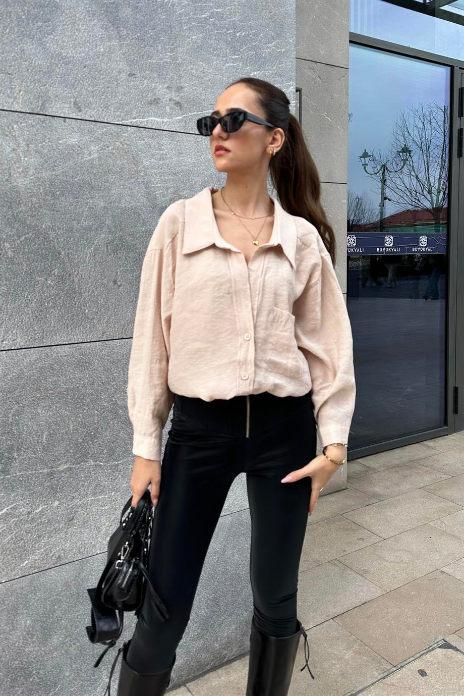 Kahve Düşük Omuz Oversize Gömlek - Kadın Gömlek Modelleri - Nazliye Moda | Kadın Giyim Modası