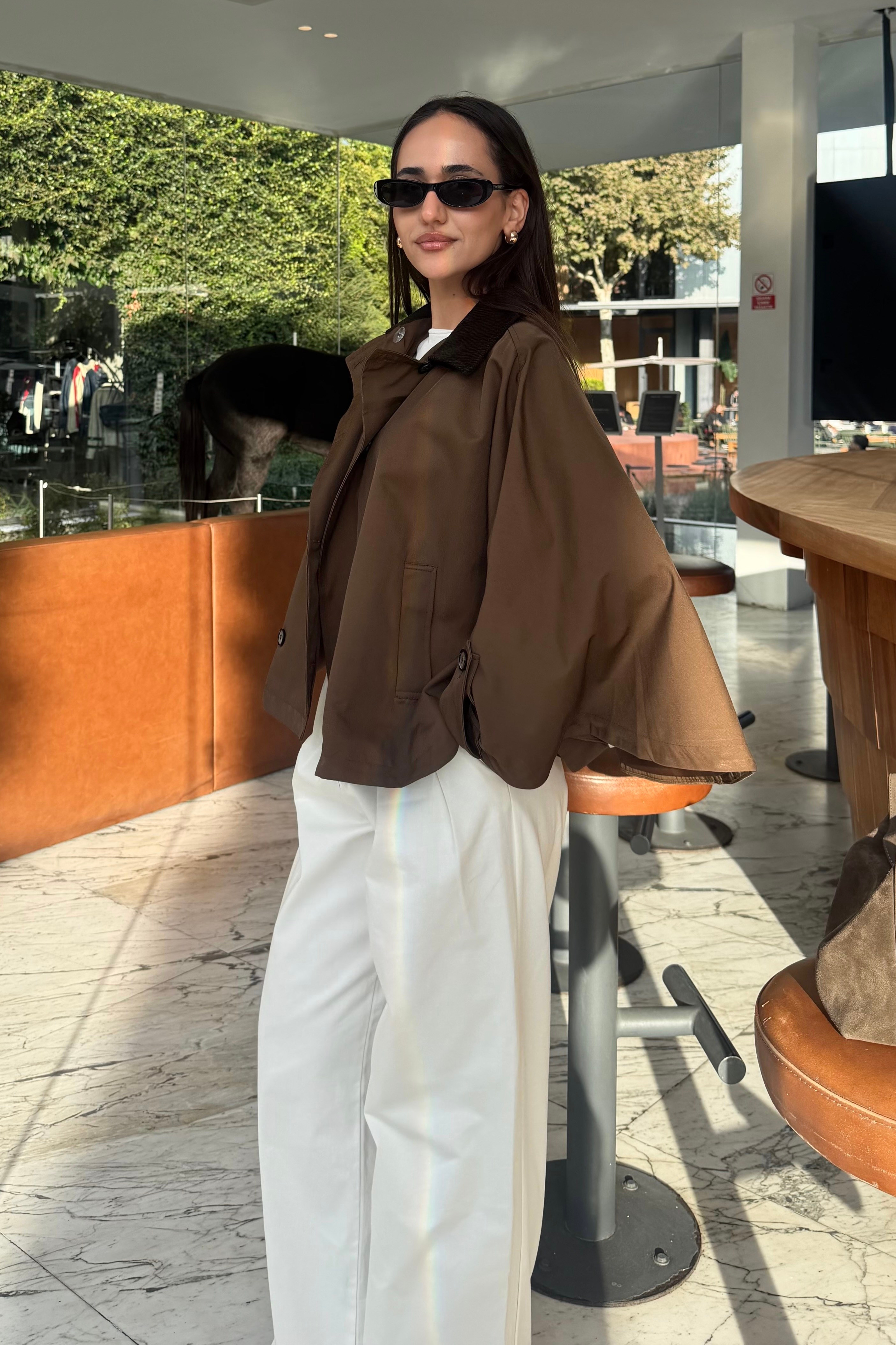 Kahve Kadife Yaka Panço Trençkot - Kadın Trençkot Modelleri - Nazliye Moda | Kadın Giyim Modası