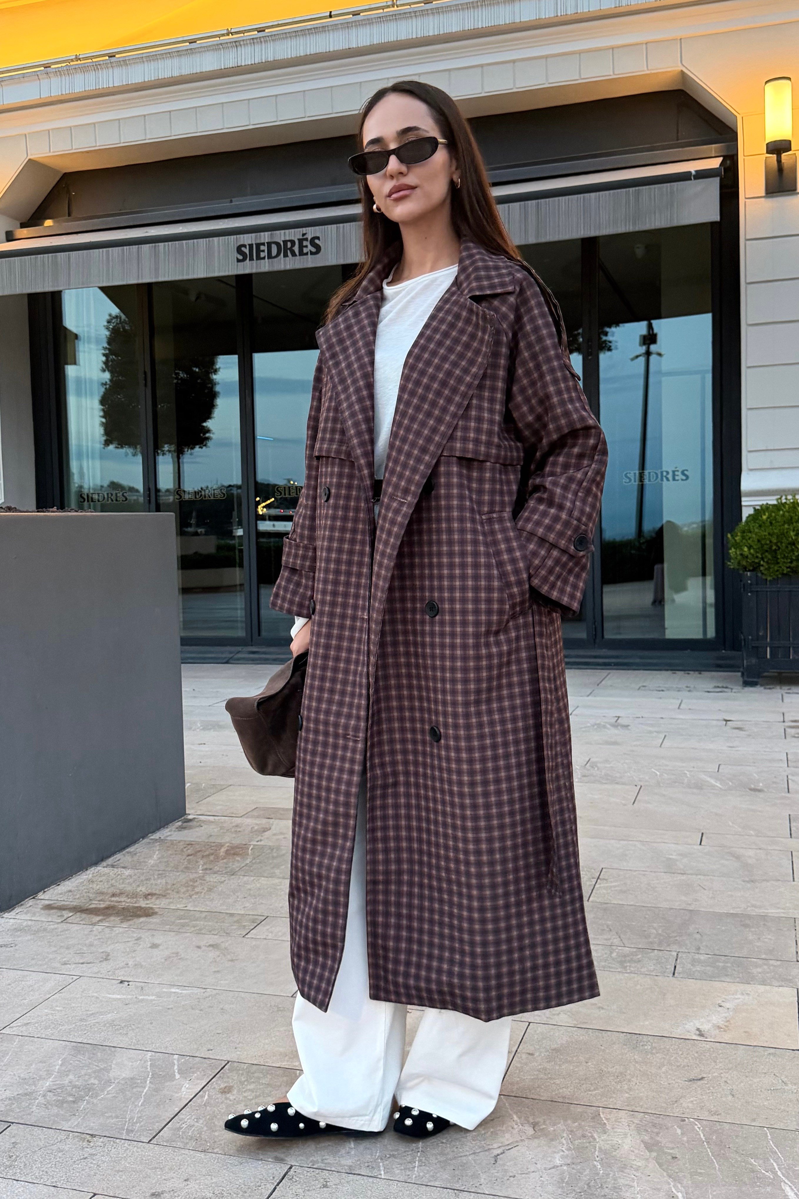 Kahve Oversize Ekose Beli Kuşaklı Trençkot - Kadın Trench Coats Modelleri - Nazliye Moda | Kadın Giyim Modası