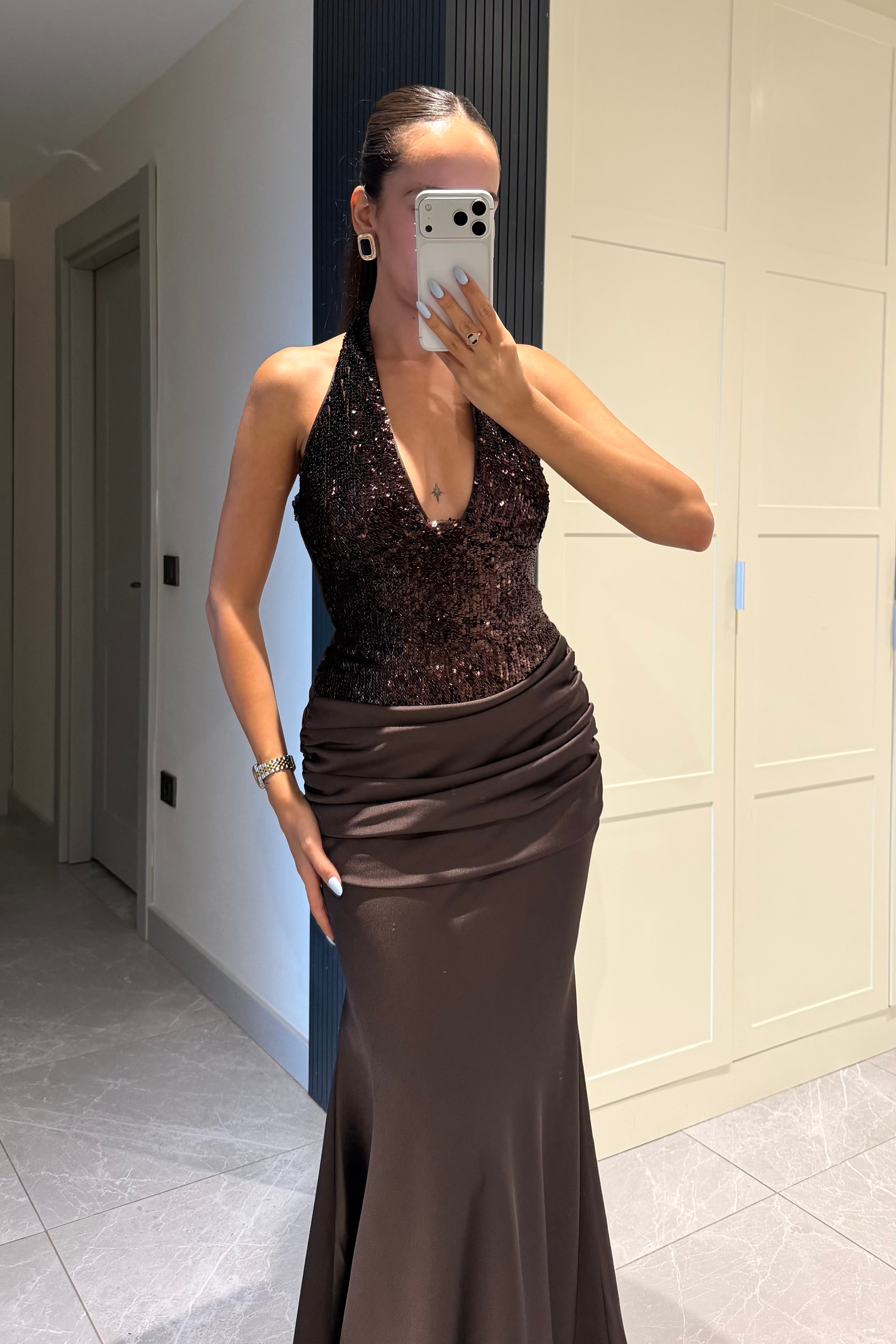 Kahve Premium Payetli Saten Uzun Elbise - Kadın Elbise Modelleri - Nazliye Moda | Kadın Giyim Modası