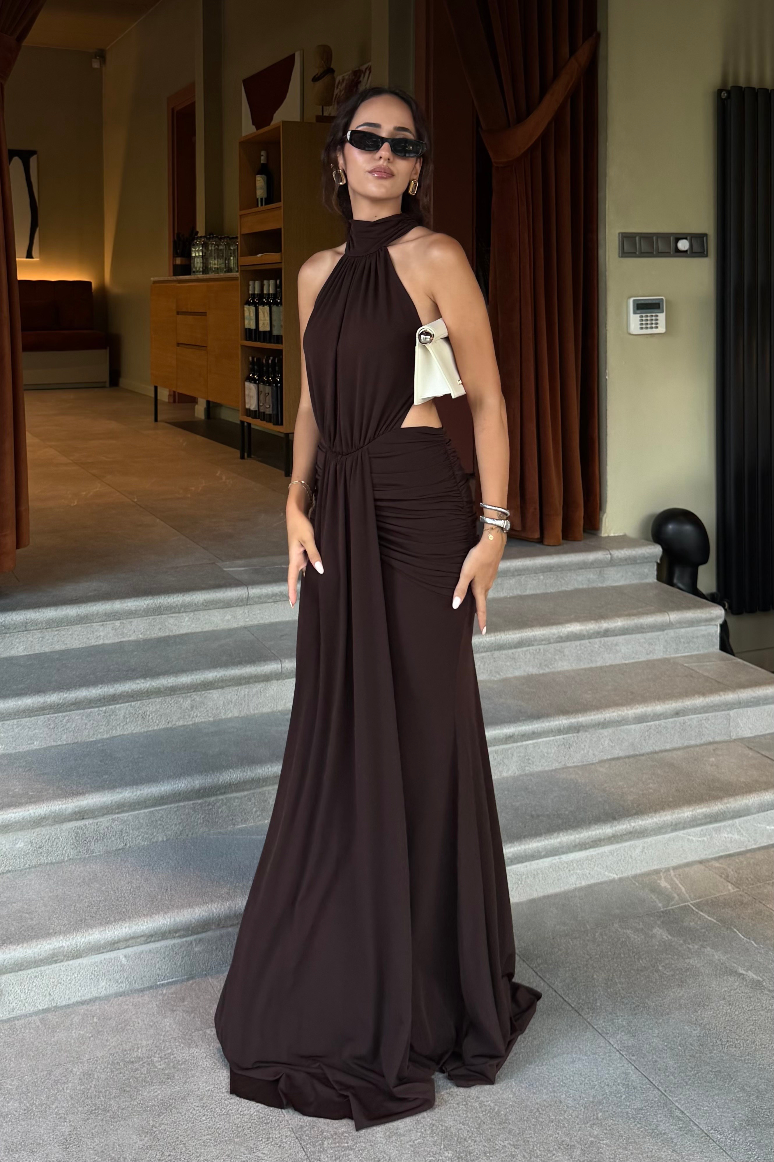 Kahve Sırt Dekolte Drape Elbise - Kadın Elbise Modelleri - Nazliye Moda | Kadın Giyim Modası
