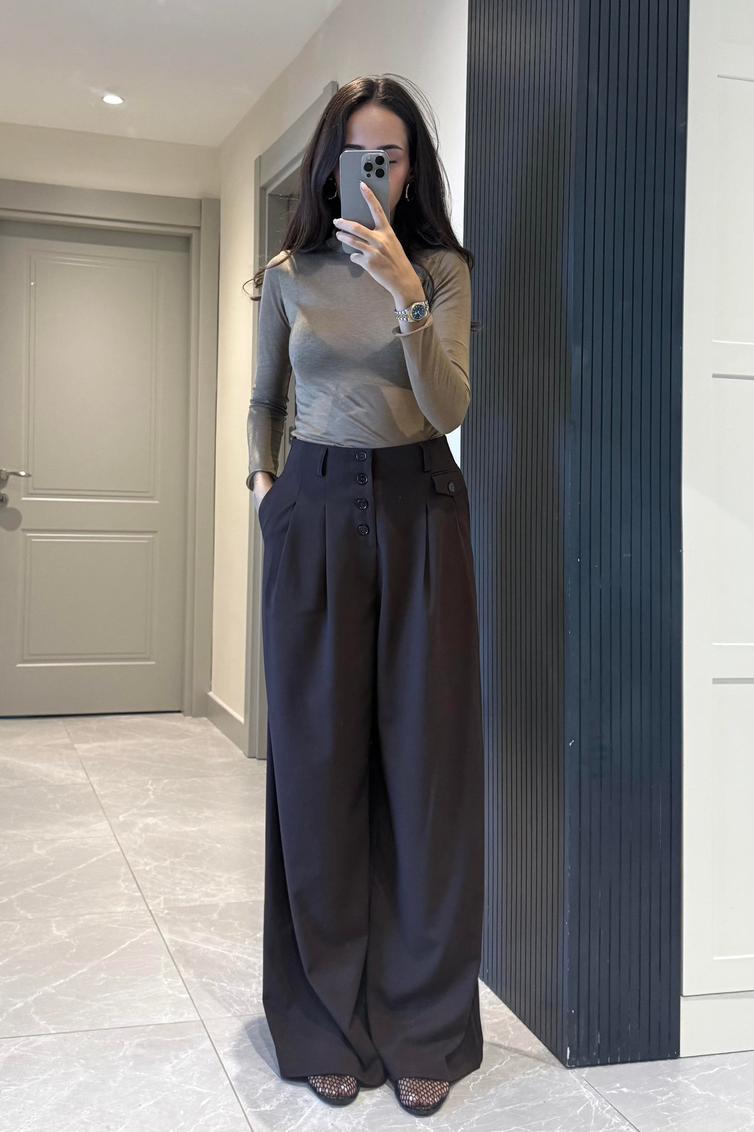 Kahverengi Düğme Detay Dökümlü Pantolon - Kadın Trousers Modelleri - Nazliye Moda | Kadın Giyim Modası