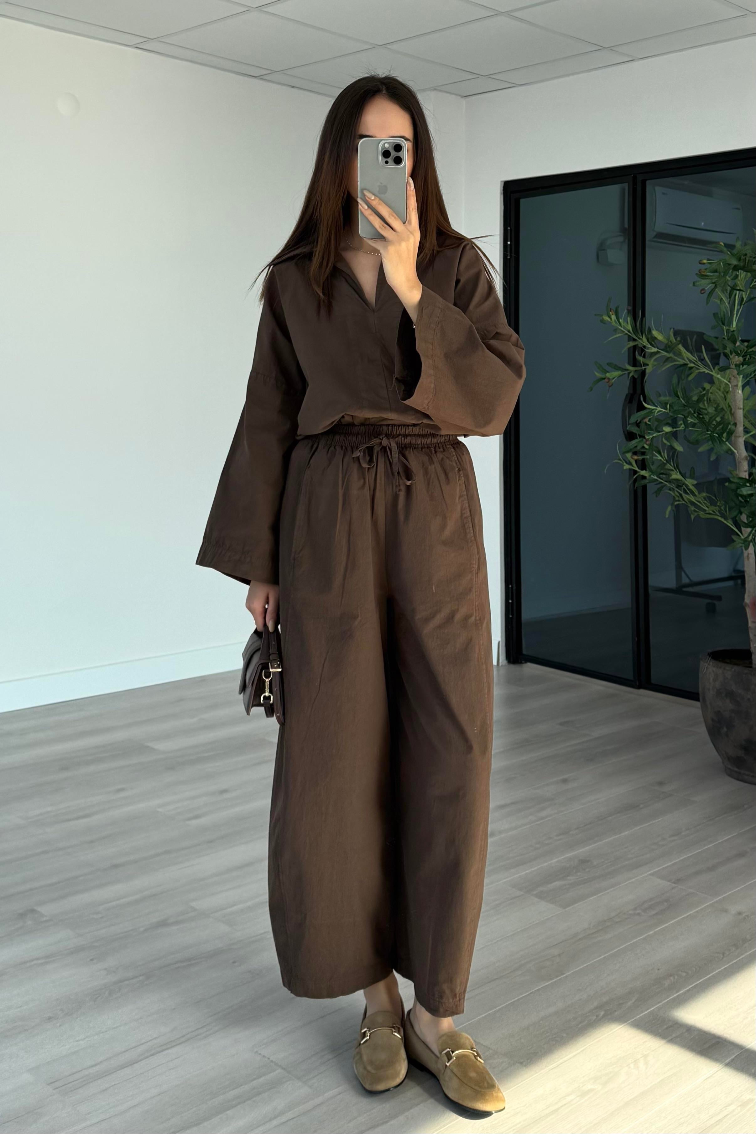 Kahverengi Oversize Gömlek Pantolon Takım - Kadın Takım Modelleri - Nazliye Moda | Kadın Giyim Modası