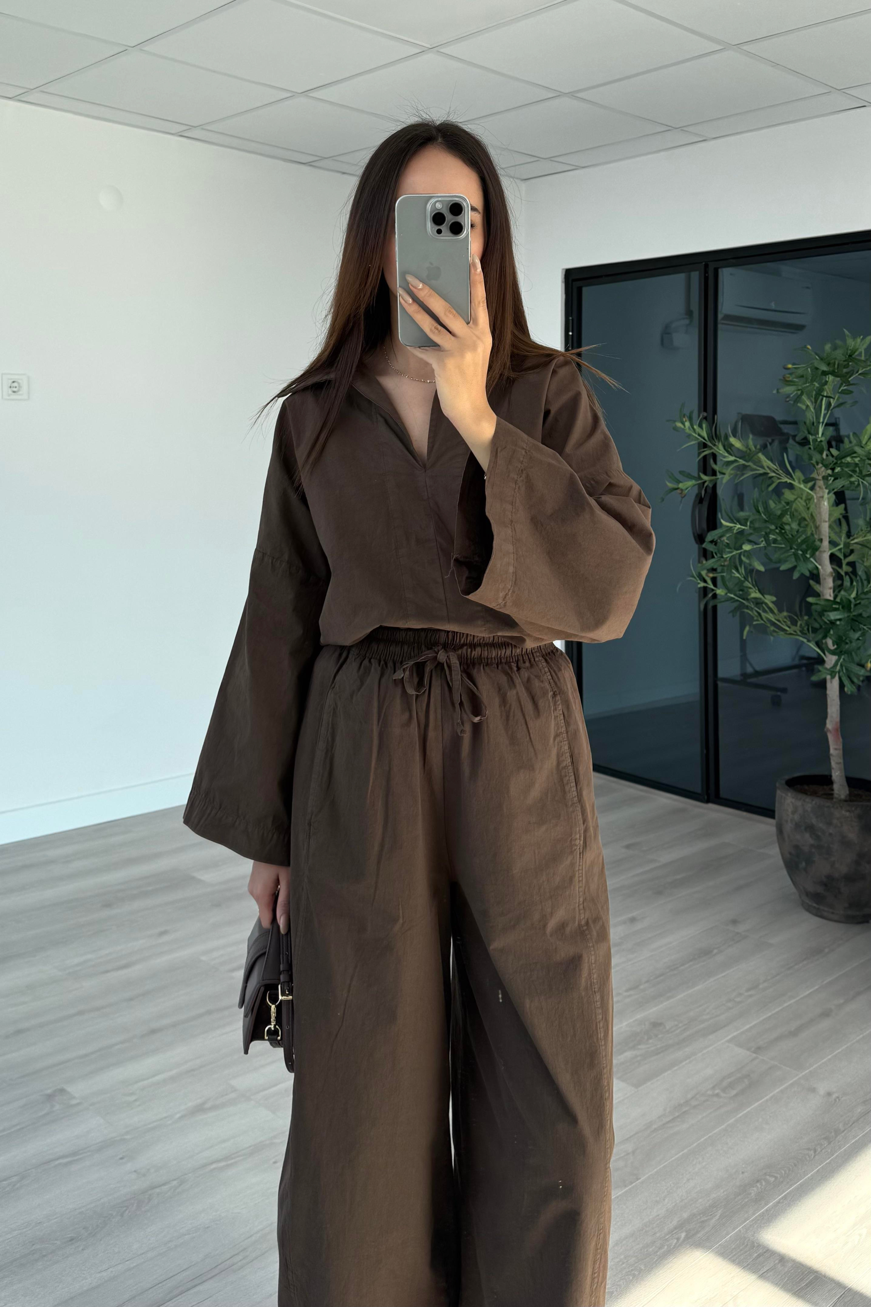 Kahverengi Oversize Gömlek Pantolon Takım - Kadın Takım Modelleri - Nazliye Moda | Kadın Giyim Modası