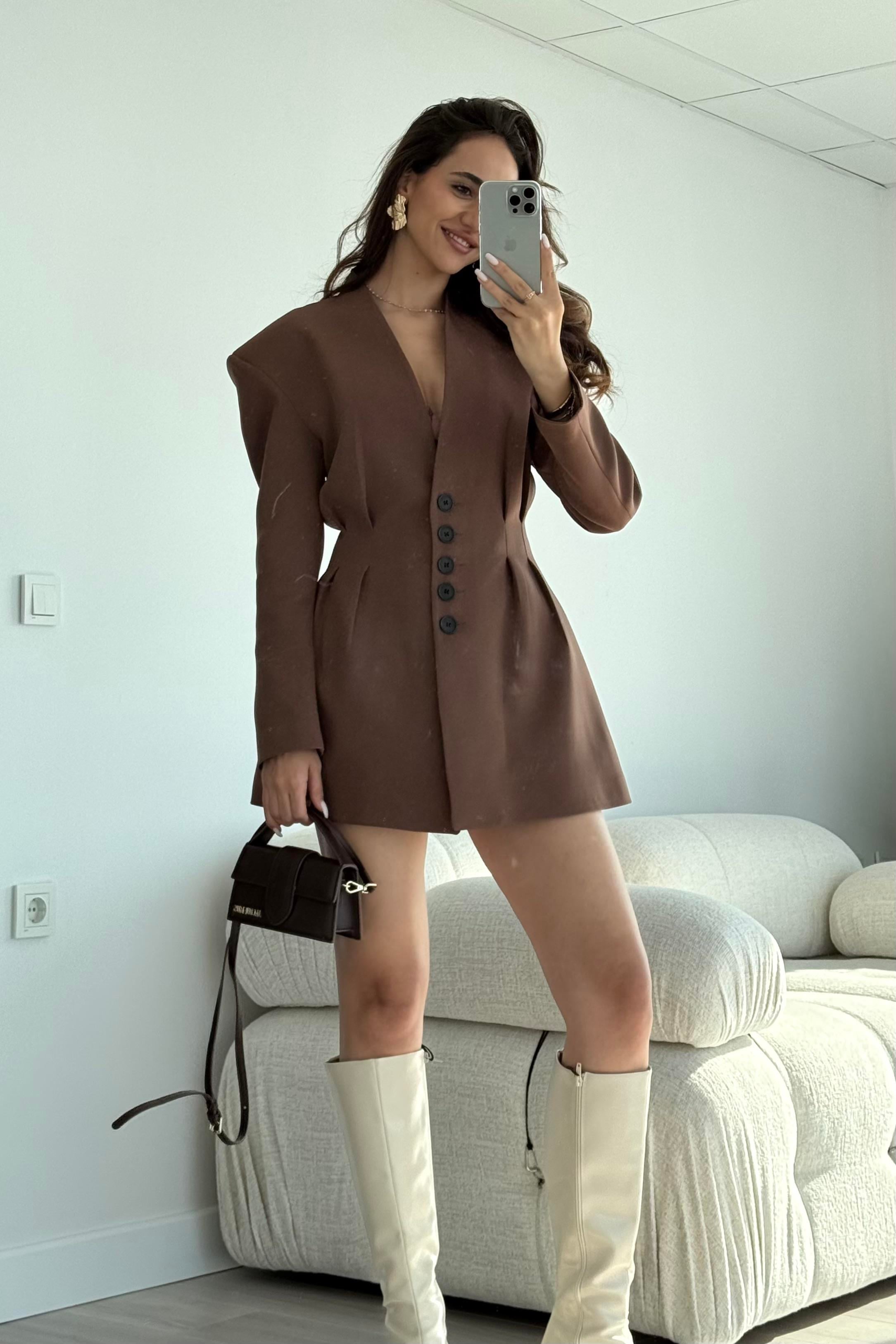 Kahverengi Pens Detaylı Etek Ceket Takım - Kadın Takım Modelleri - Nazliye Moda | Kadın Giyim Modası