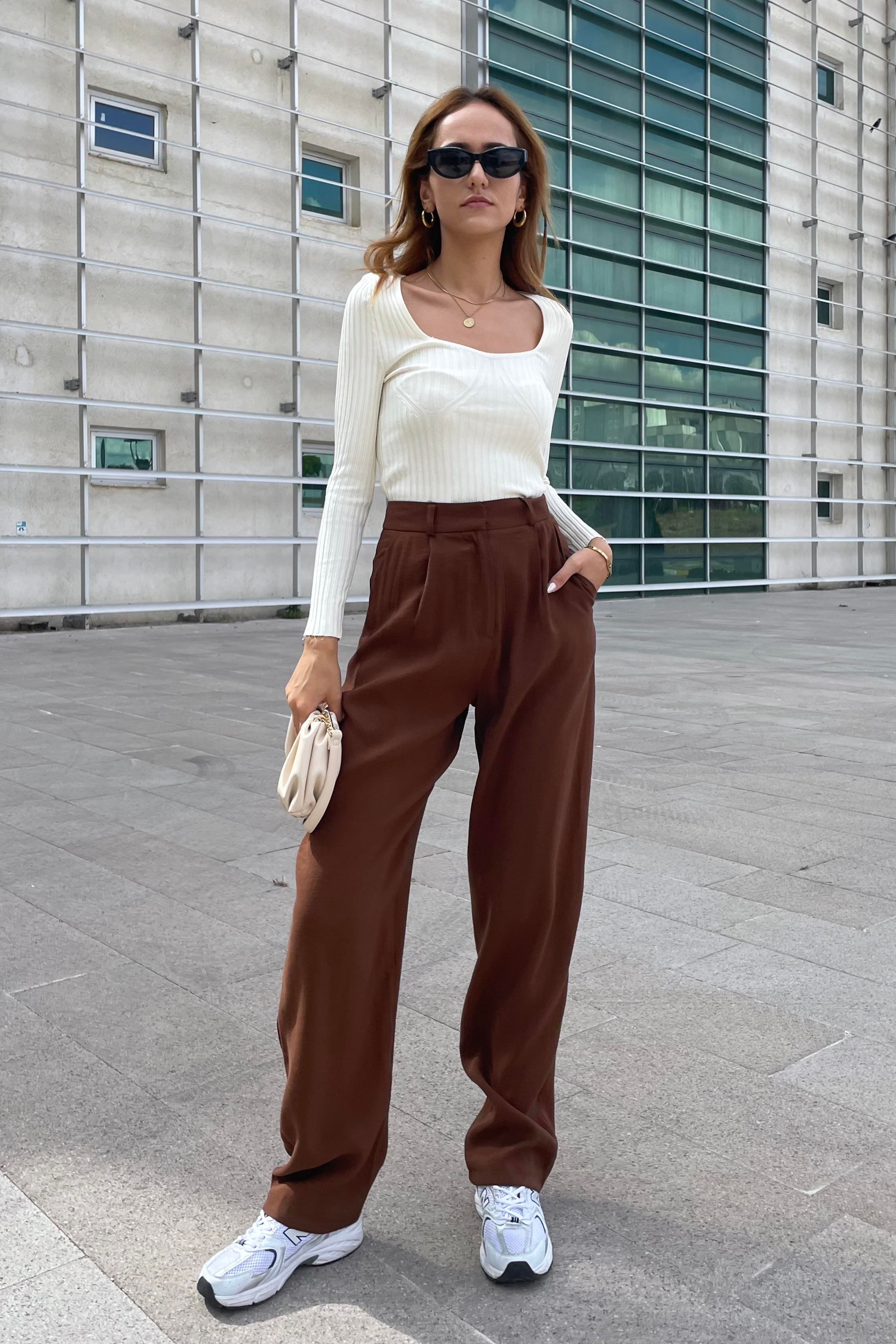 Kahverengi Pileli Palazzo Kumaş Pantolon - Kadın Pantolon Modelleri - Nazliye Moda | Kadın Giyim Modası