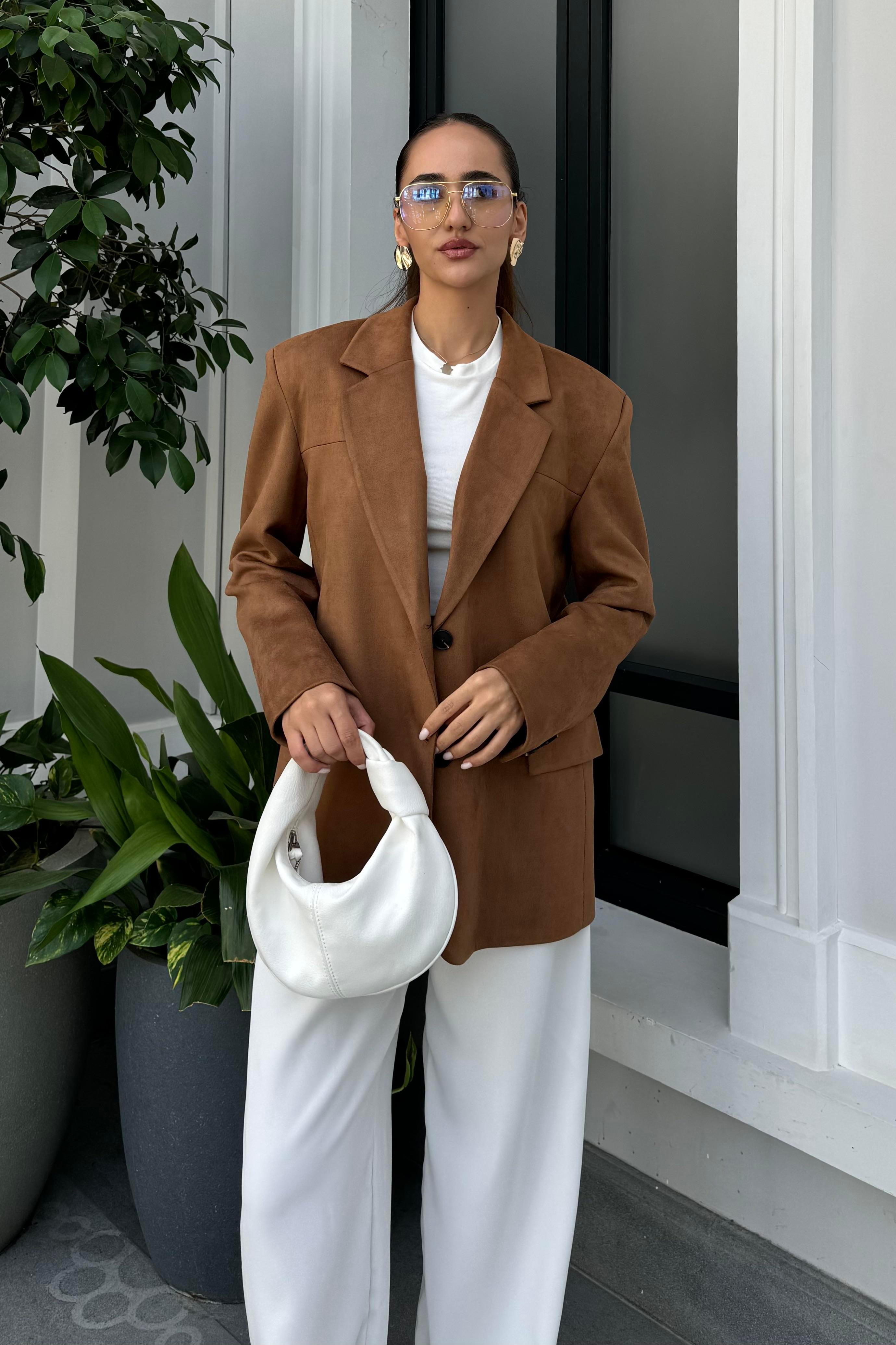 Kahverengi Süet Oversize Blazer Ceket - Kadın Blazer Ceket Modelleri - Nazliye Moda | Kadın Giyim Modası