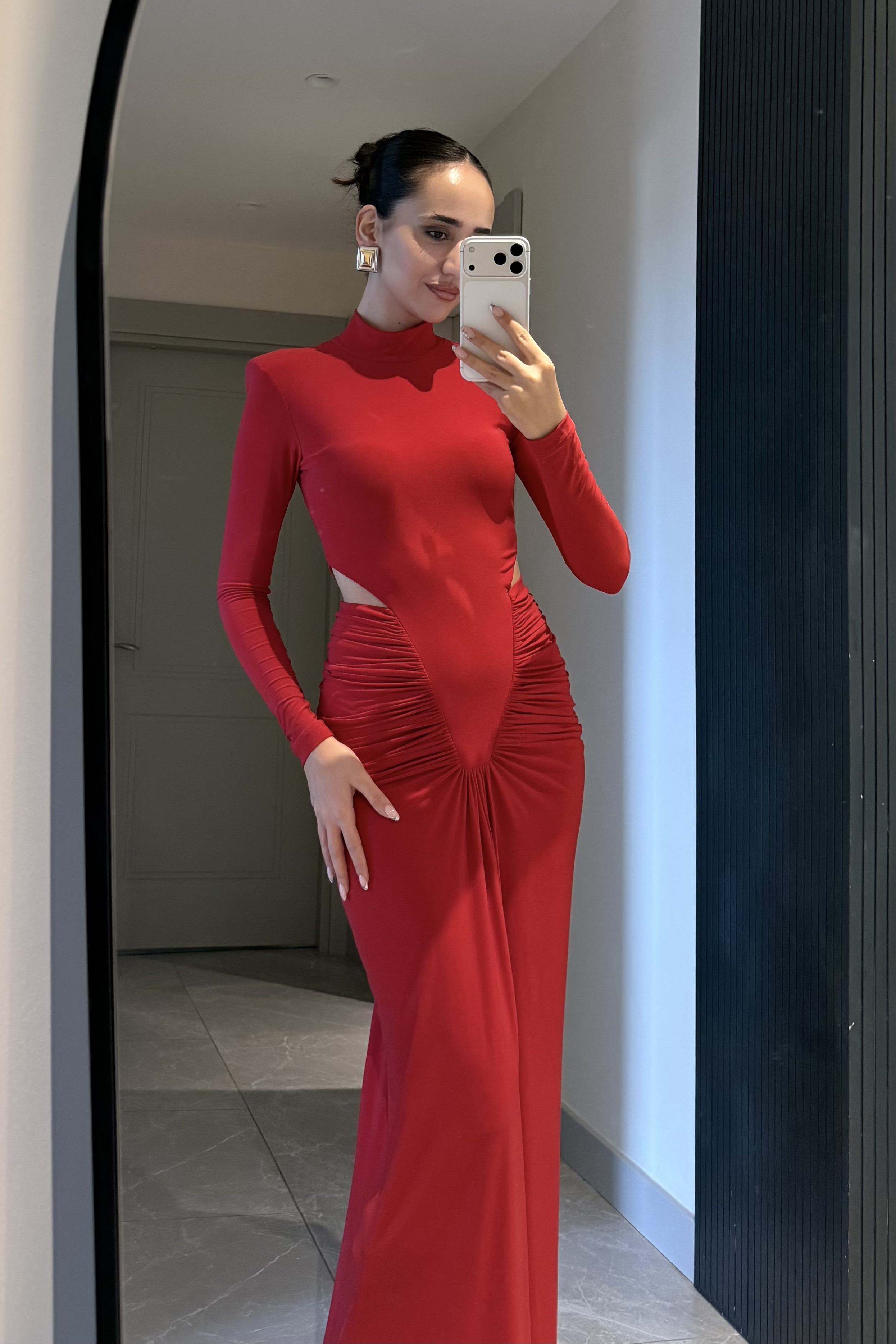 Kırmızı Bel Dekolteli Drape Uzun Elbise - Kadın Elbise Modelleri - Nazliye Moda | Kadın Giyim Modası
