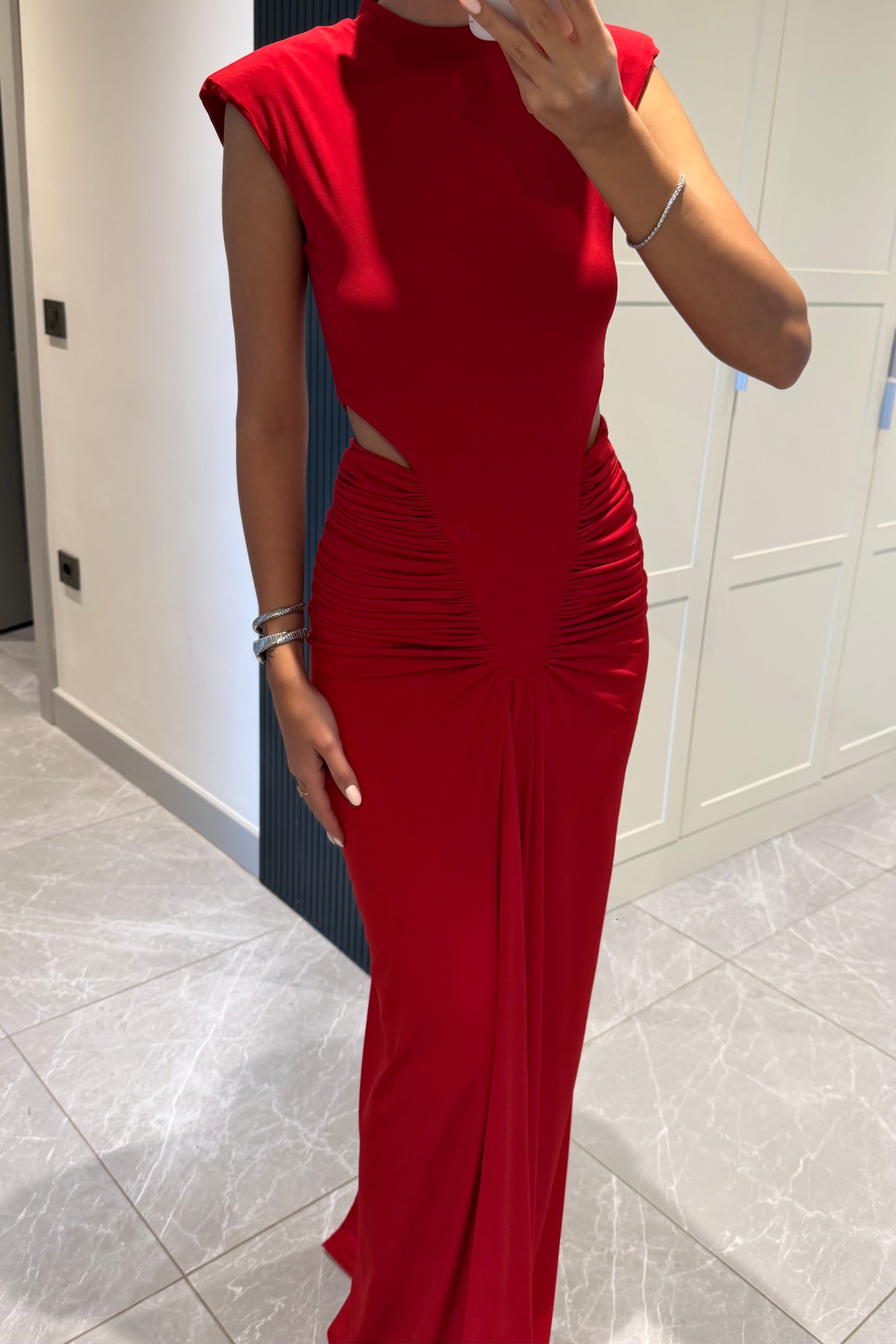 Kırmızı Kolsuz Bel Dekolteli Drape Uzun Elbise - Kadın Dresses Modelleri - Nazliye Moda | Kadın Giyim Modası
