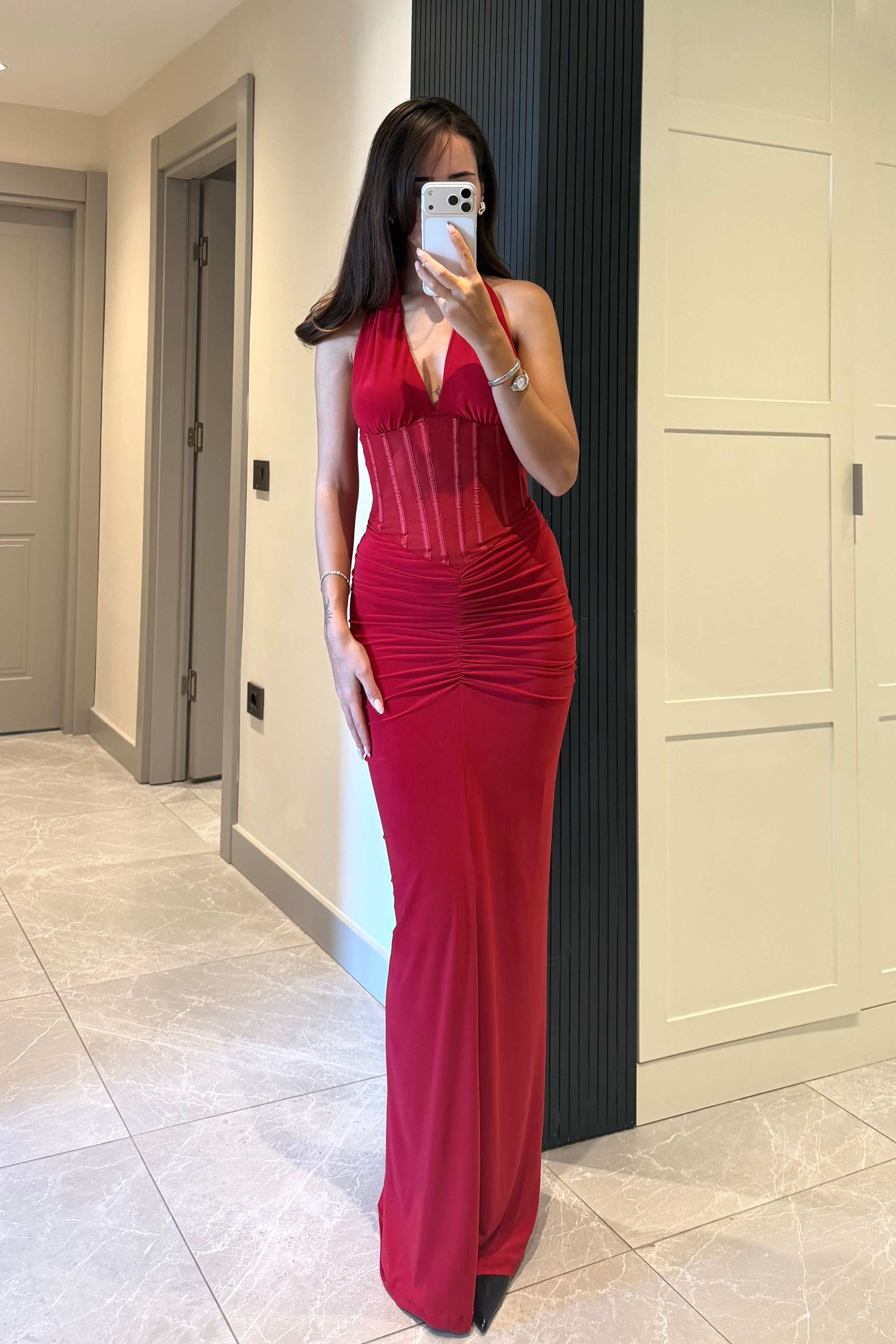 Kırmızı Korse Detay Uzun Elbise - Kadın Elbise Modelleri - Nazliye Moda | Kadın Giyim Modası