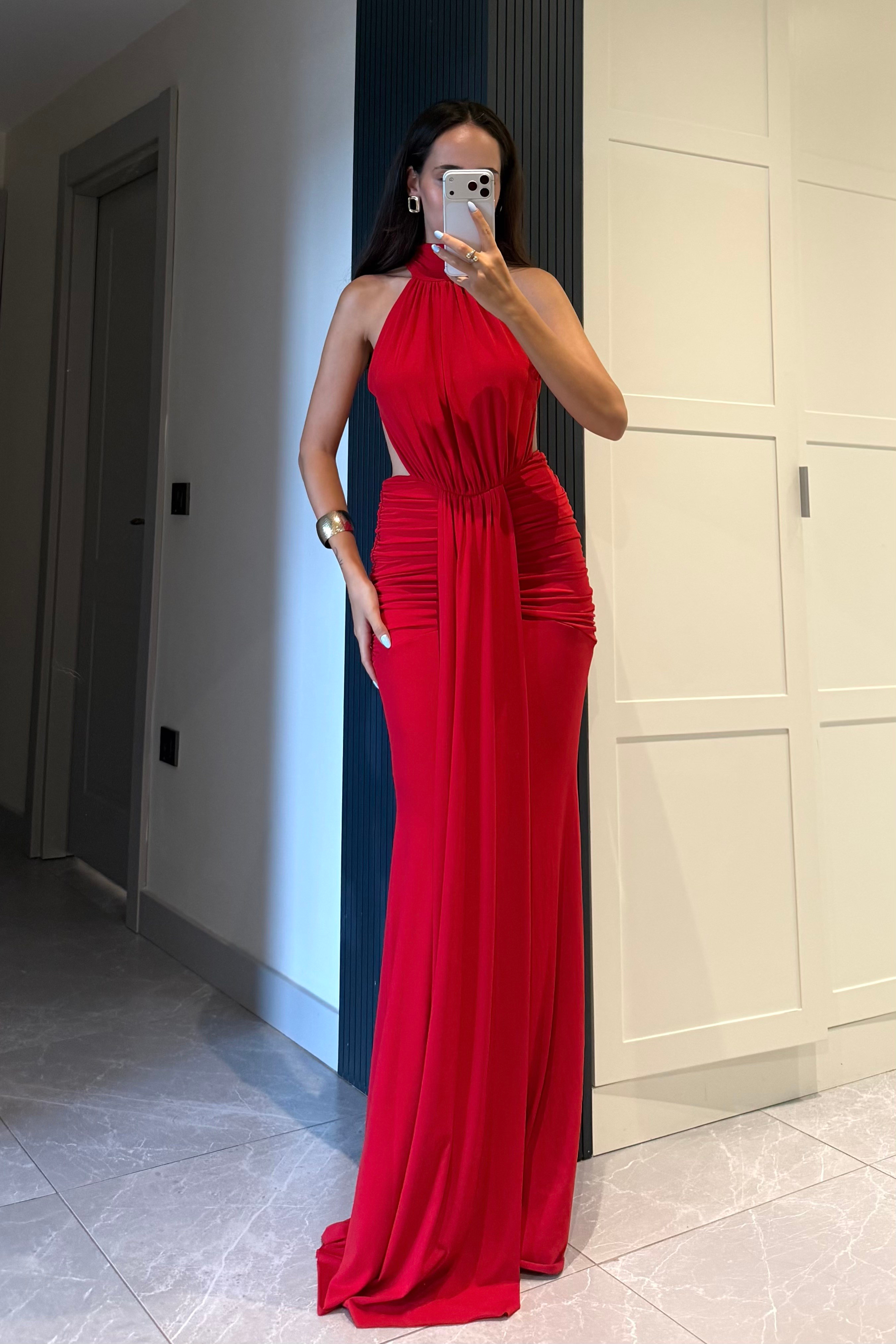 Kırmızı Sırt Dekolte Drape Elbise - Kadın Elbise Modelleri - Nazliye Moda | Kadın Giyim Modası