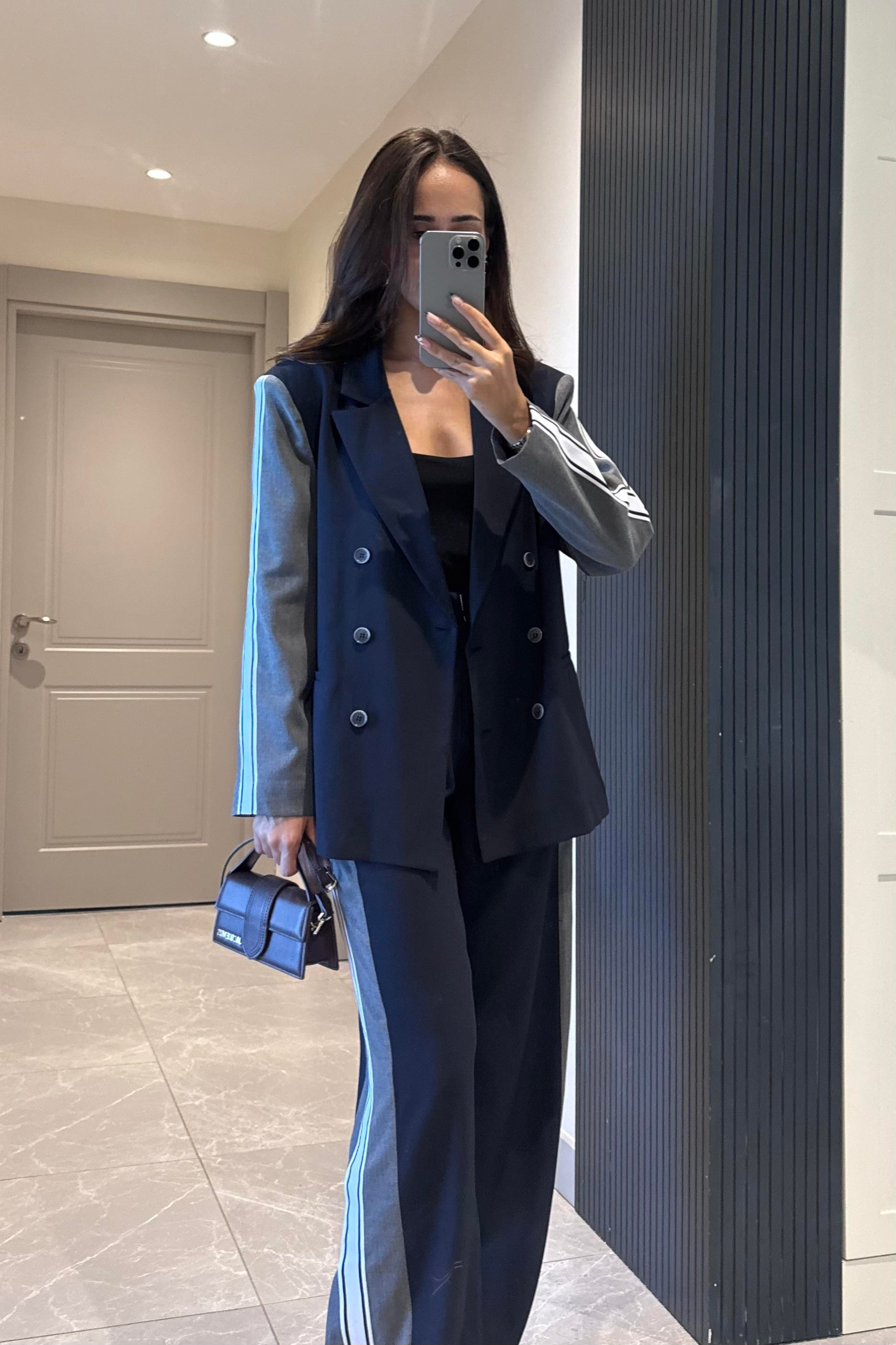 Lacivert Şerit Detay Tasarım Blazer Ceket - Kadın Blazer Jackets Modelleri - Nazliye Moda | Kadın Giyim Modası