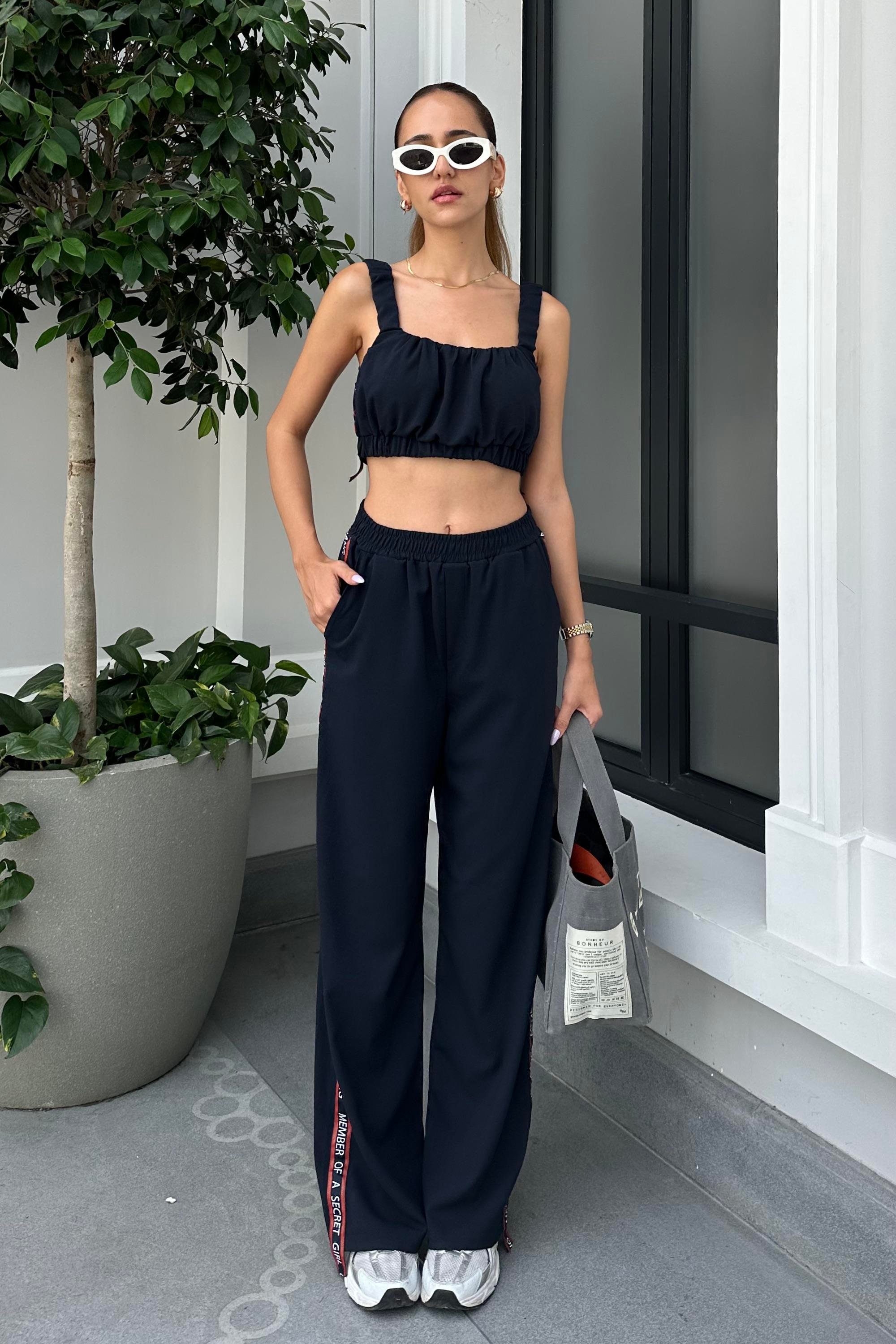 Lacivert Yan Şeritli Pantolon Büstiyer Takım - Kadın Takım Modelleri - Nazliye Moda | Kadın Giyim Modası