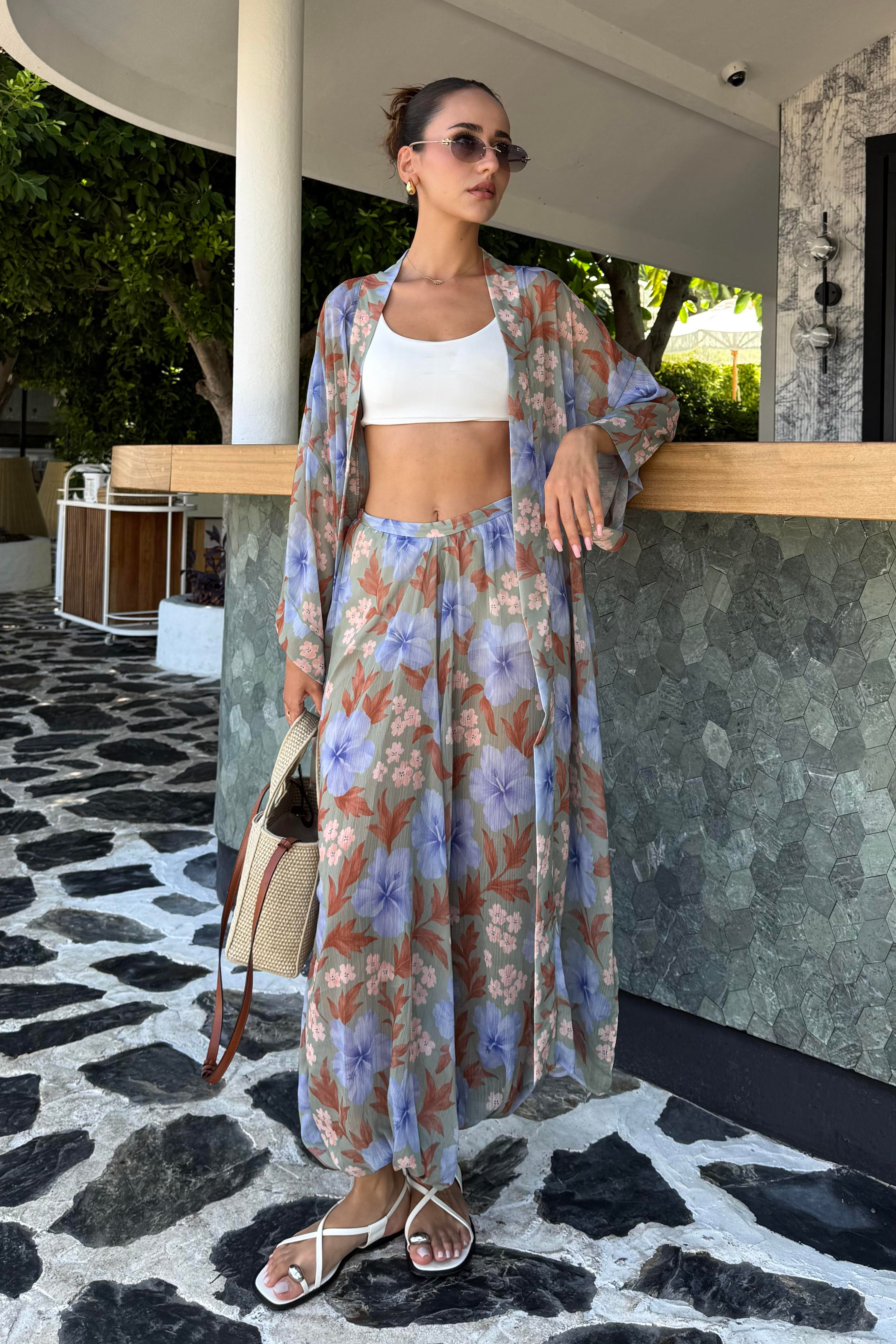 Lila Gül Desenli Kimono Takım - Kadın Takım Modelleri - Nazliye Moda | Kadın Giyim Modası