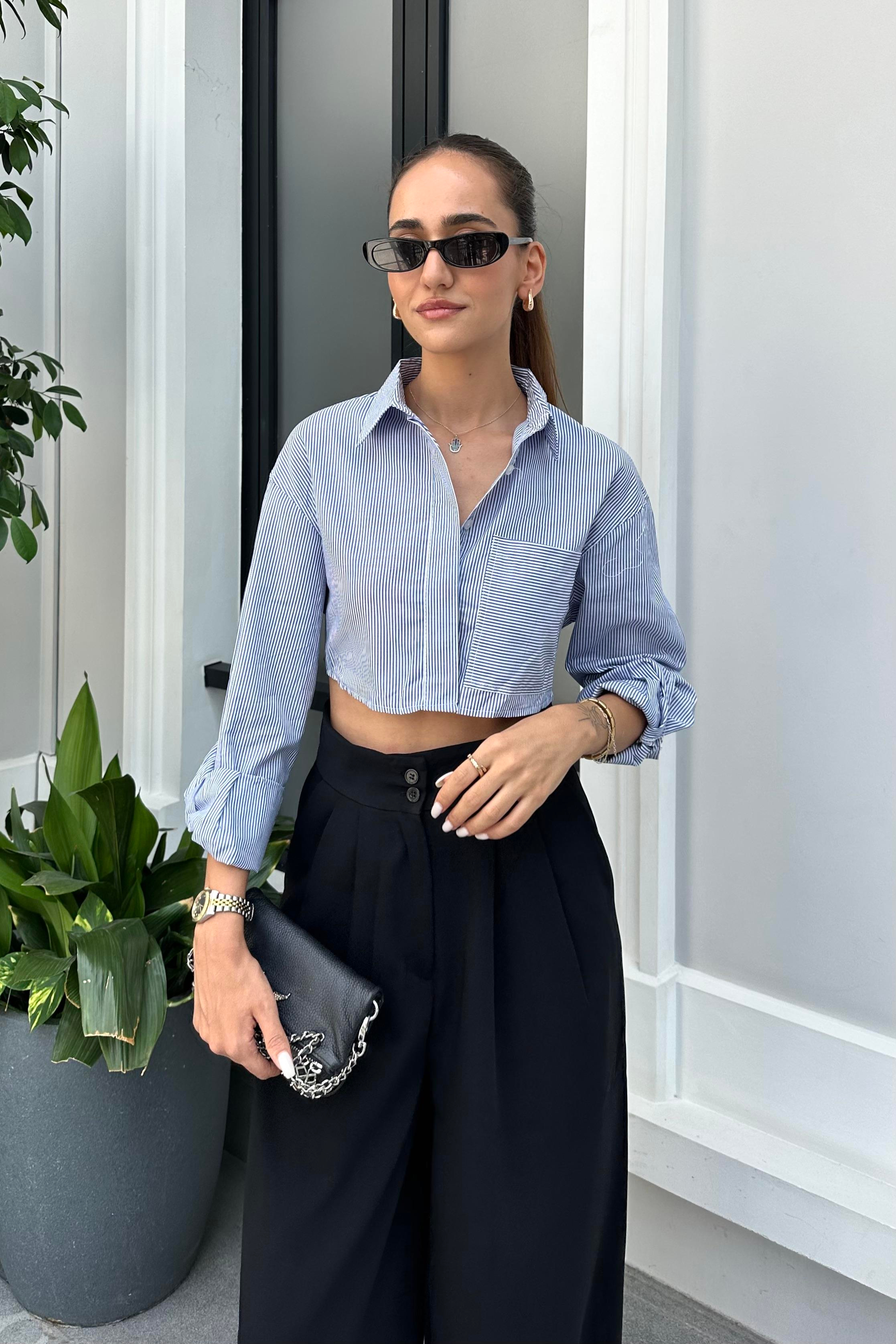 Mavi Çizgili Midi Gömlek - Kadın Shirts Modelleri - Nazliye Moda | Kadın Giyim Modası