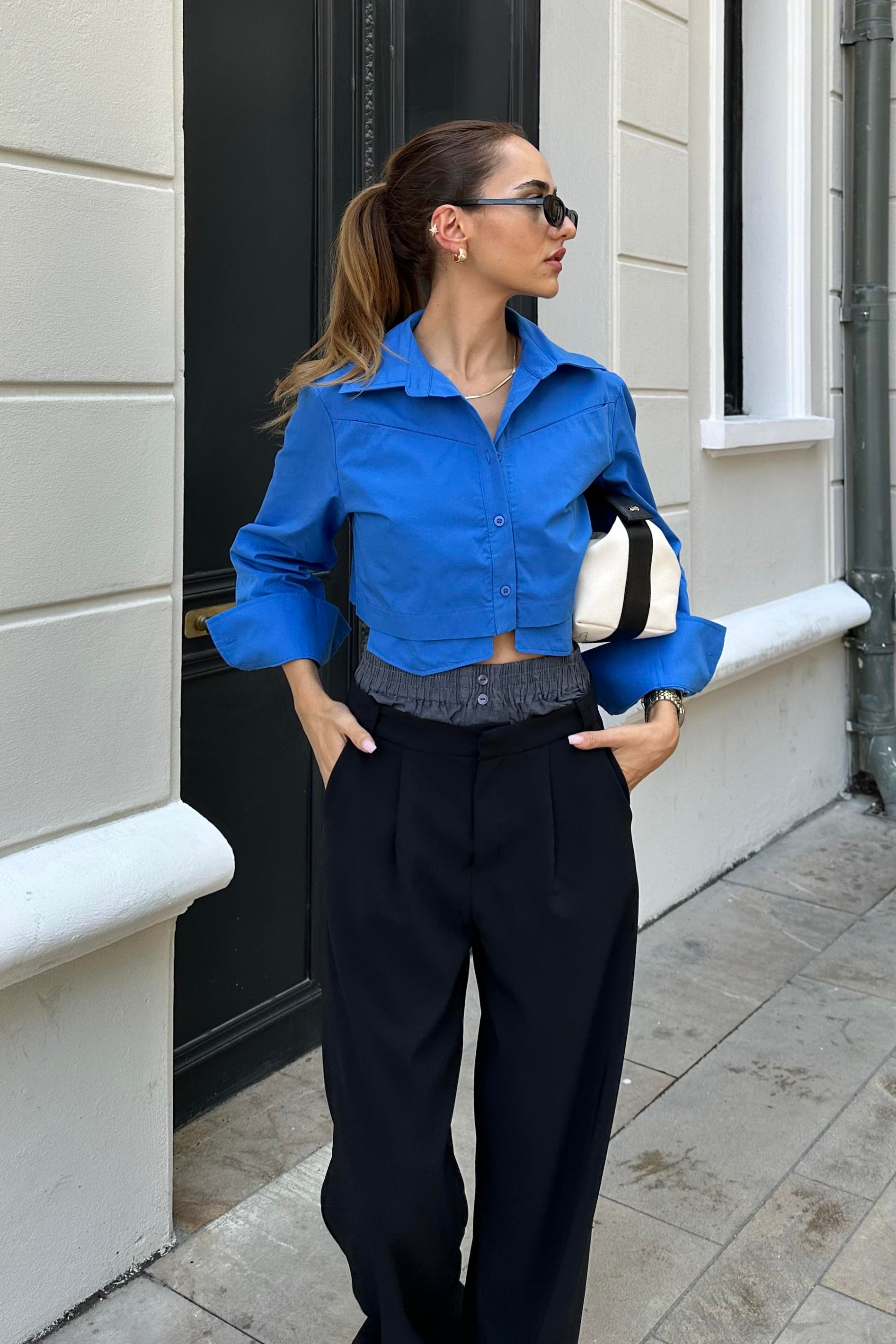 Mavi Crop Gömlek - Kadın Gömlek Modelleri - Nazliye Moda | Kadın Giyim Modası