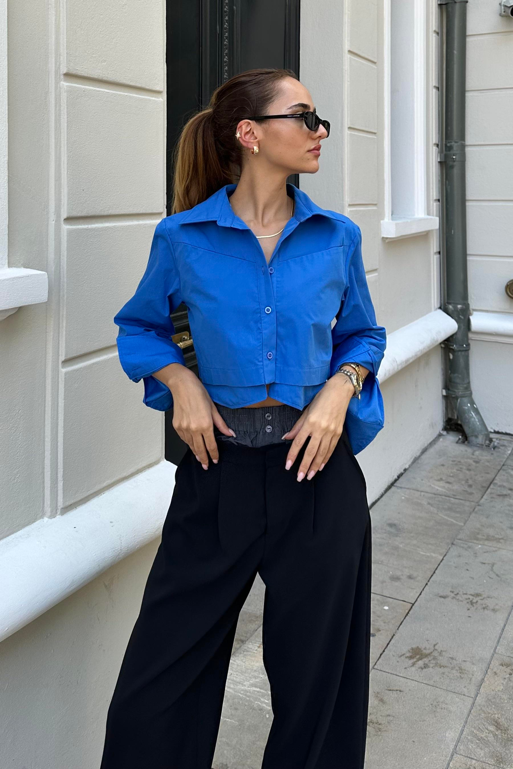 Mavi Crop Gömlek - Kadın Gömlek Modelleri - Nazliye Moda | Kadın Giyim Modası