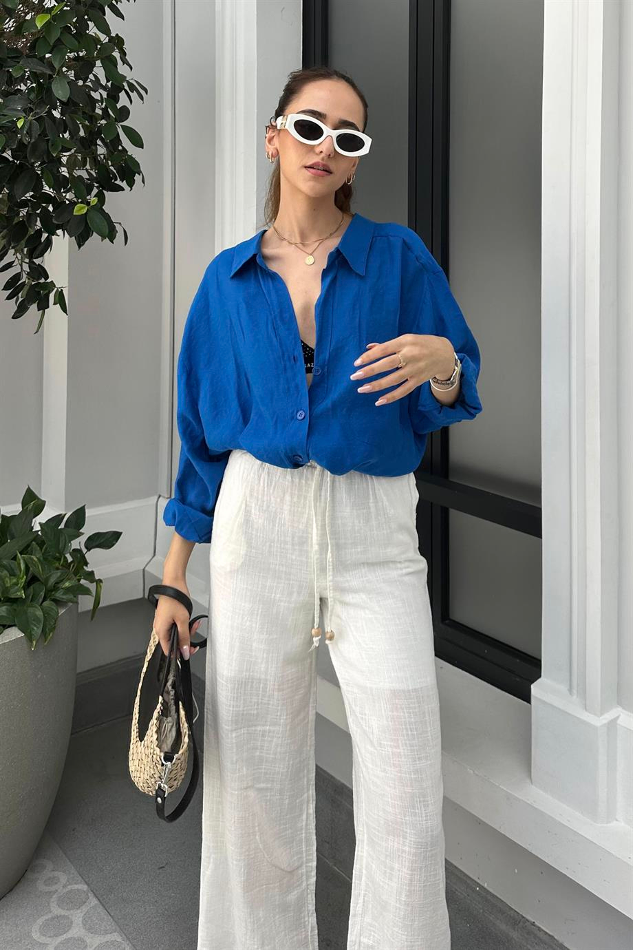 Mavi Düşük Omuz Oversize Gömlek - Kadın Gömlek Modelleri - Nazliye Moda | Kadın Giyim Modası