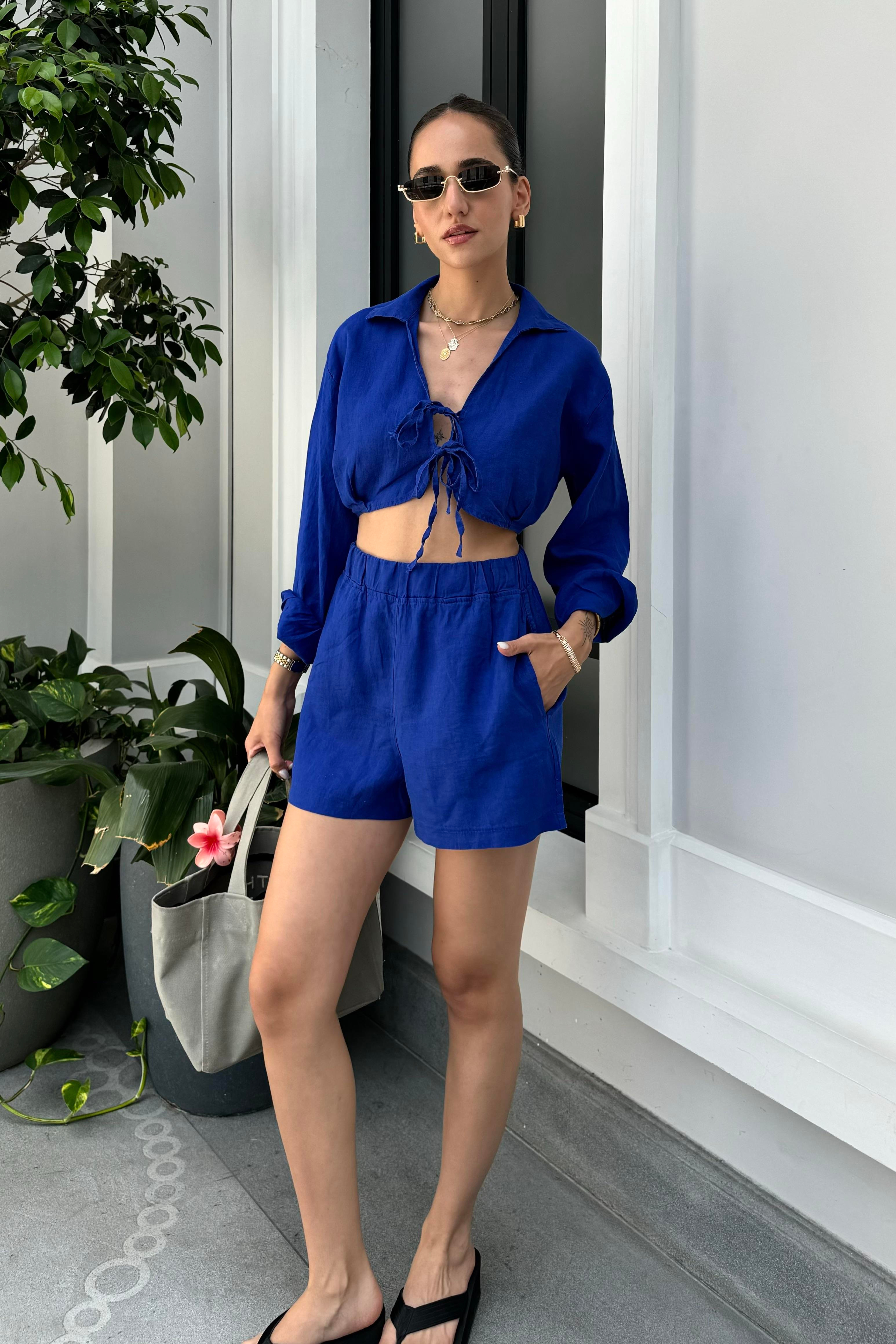 Mavi Premium Şort Bluz Keten Takım - Kadın Takım Modelleri - Nazliye Moda - Kadın Giyim Modası