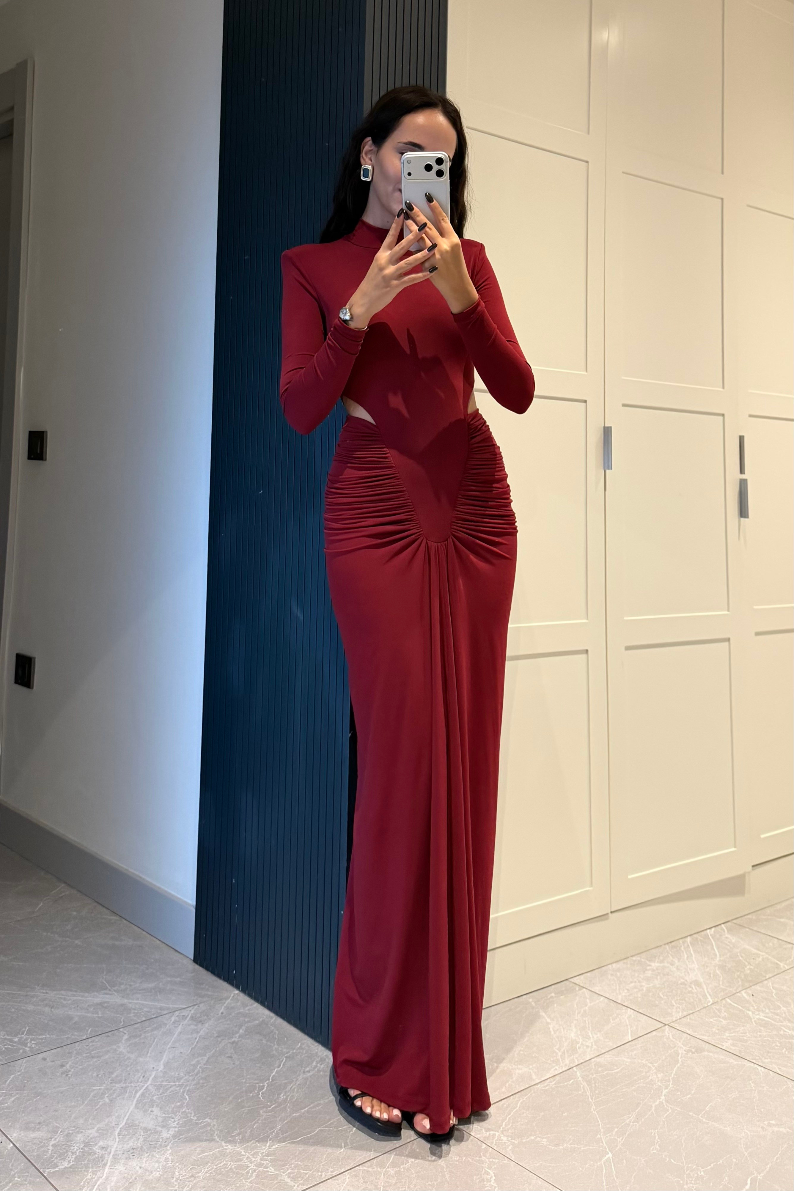 Mürdüm Bel Dekolteli Drape Uzun Elbise - Kadın Elbise Modelleri - Nazliye Moda | Kadın Giyim Modası